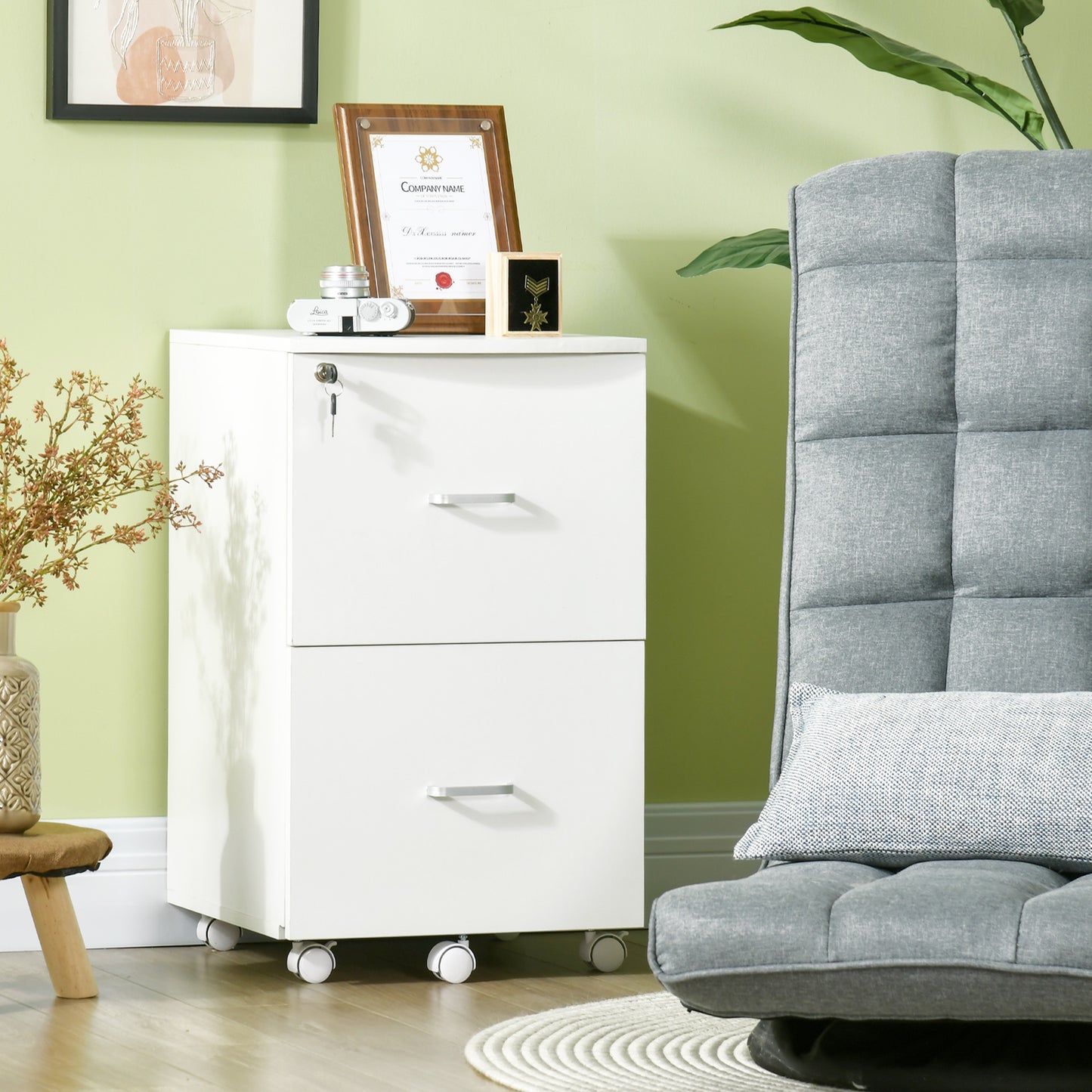 2 Drawer File Cabinet with Lock, Small Rolling Filing Cabinet for A4, Letter-Size Documents, Printer Stand for Home Offi