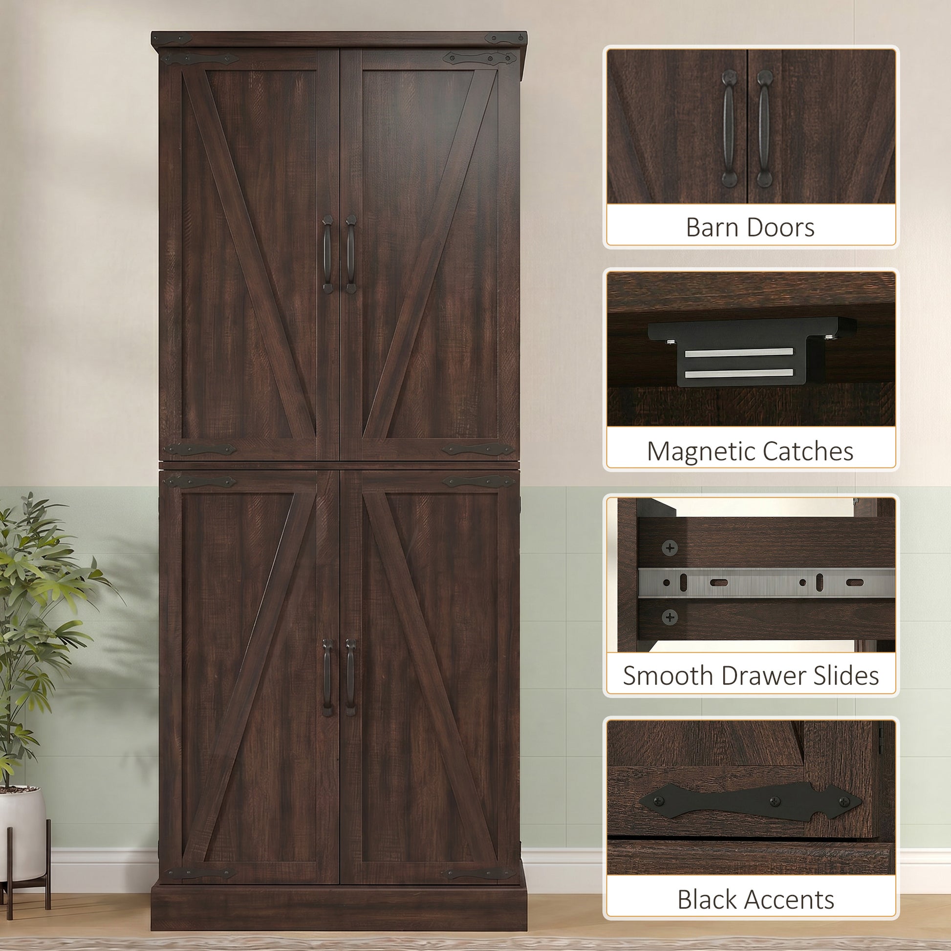 72" Tall Kitchen Pantry Cabinet, Farmhouse Storage Cabinet with 8 Door Racks and Adjustable Shelves, Distressed Brown