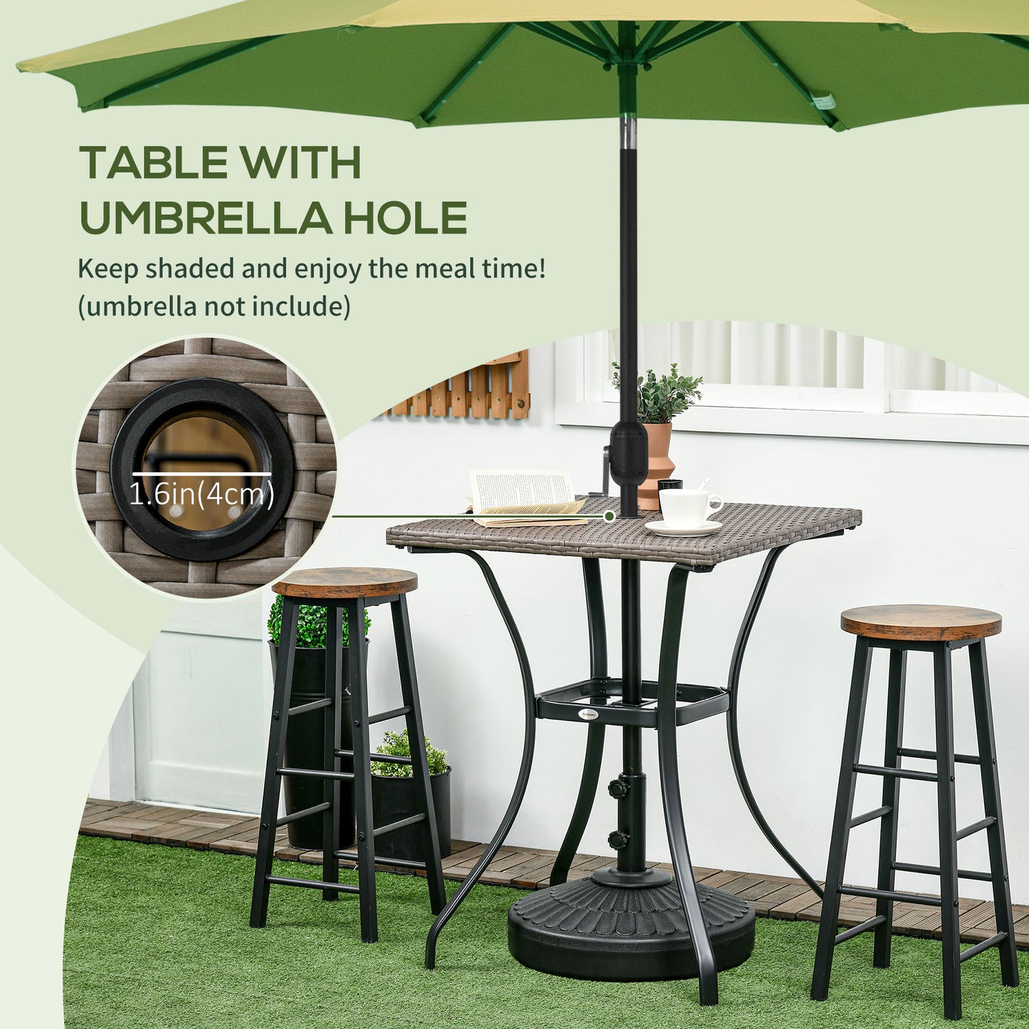 Patio Wicker Dining Table with Umbrella Hole, 34 Inch Outdoor PE Rattan Coffee Table with Plastic Board Under the Woven 