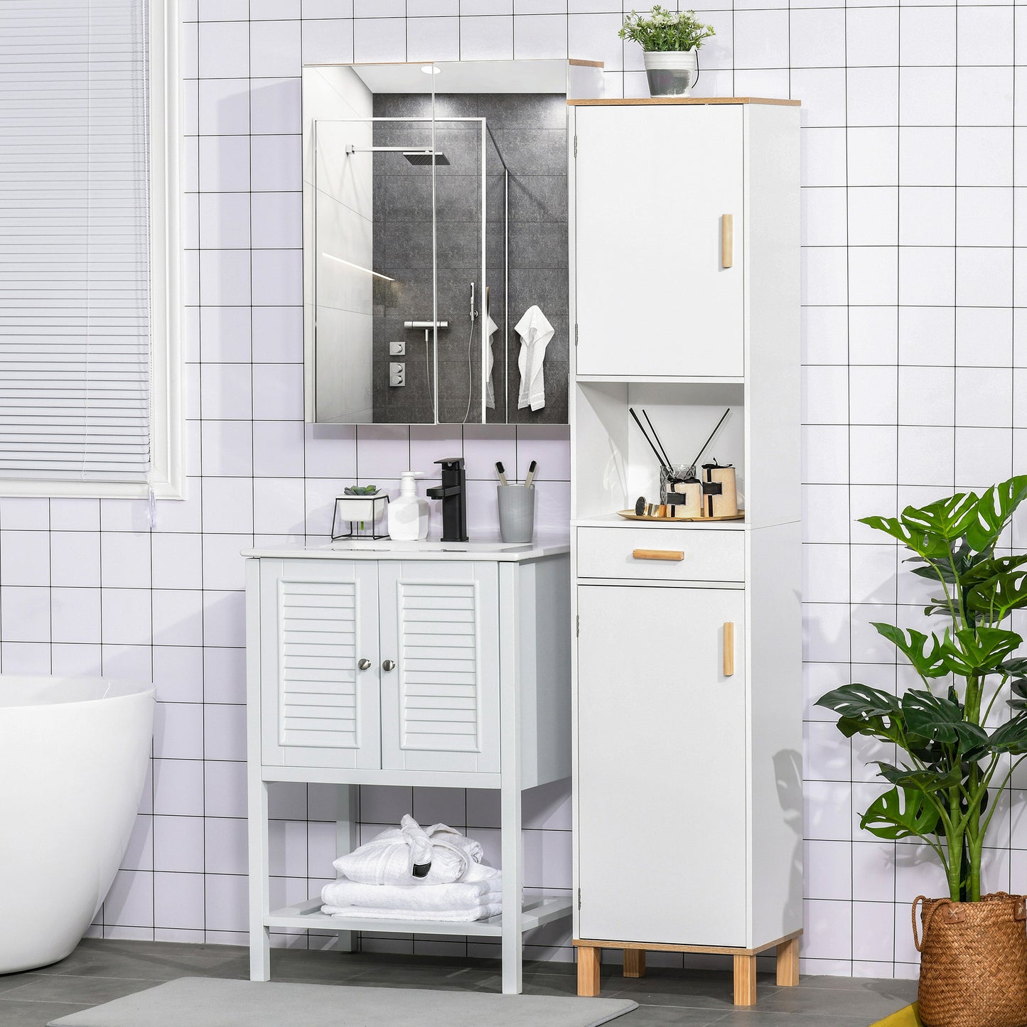 Bathroom Storage Cabinet with Cupboards and Drawer, Floor Free Standing Linen Tower, Tall Slim Side Organizer Shelves, W