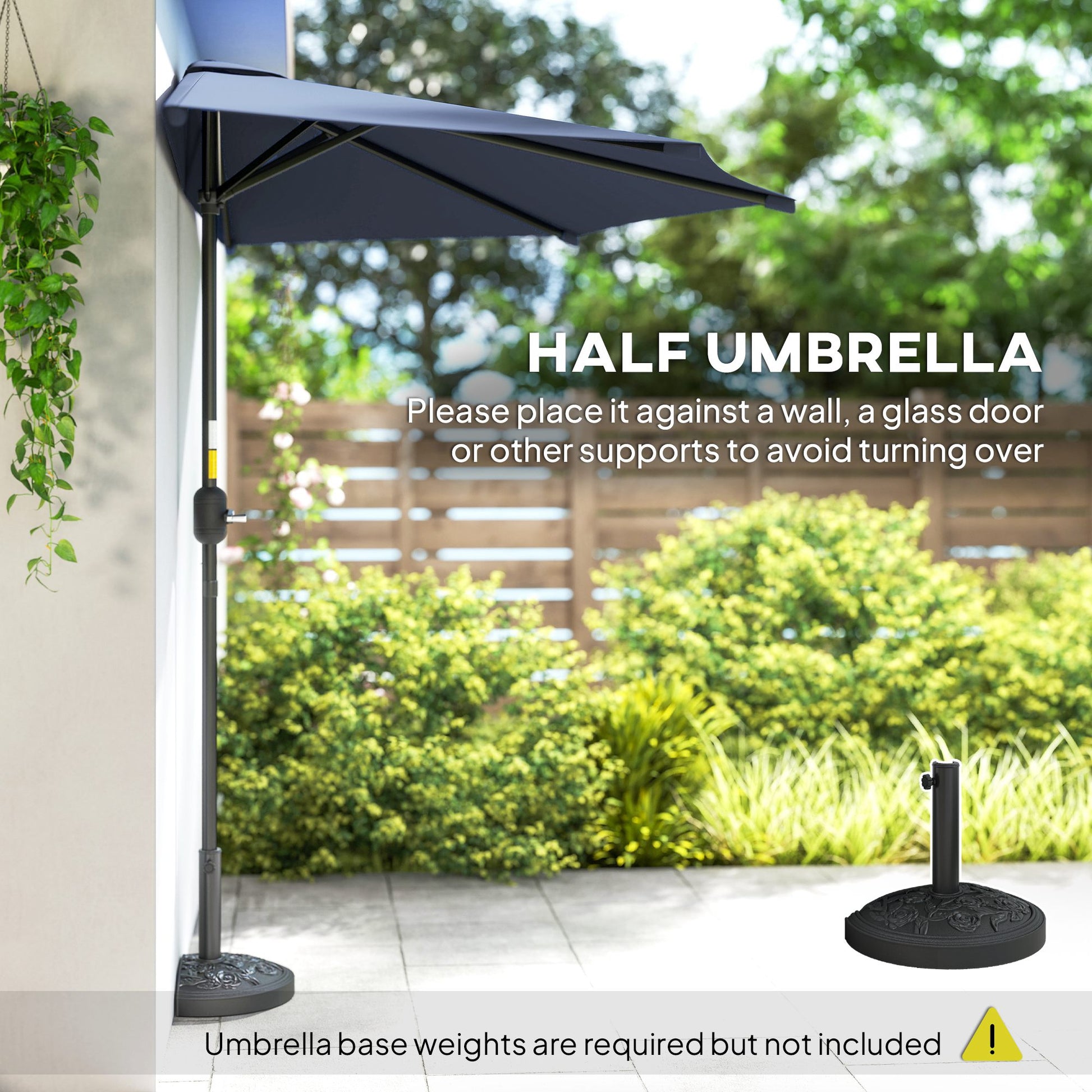 9.8ft Half Umbrella Semi Round Patio Parasol with Crank Handle, Top Vent for Garden, Balcony- NO BASE INCLUDED, Dark Blu