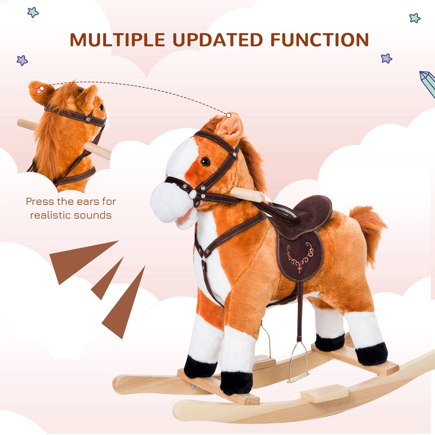 Qaba Kids Plush Rocking Horse Child Ride On Toy Rocker with Realistic Sounds Brown