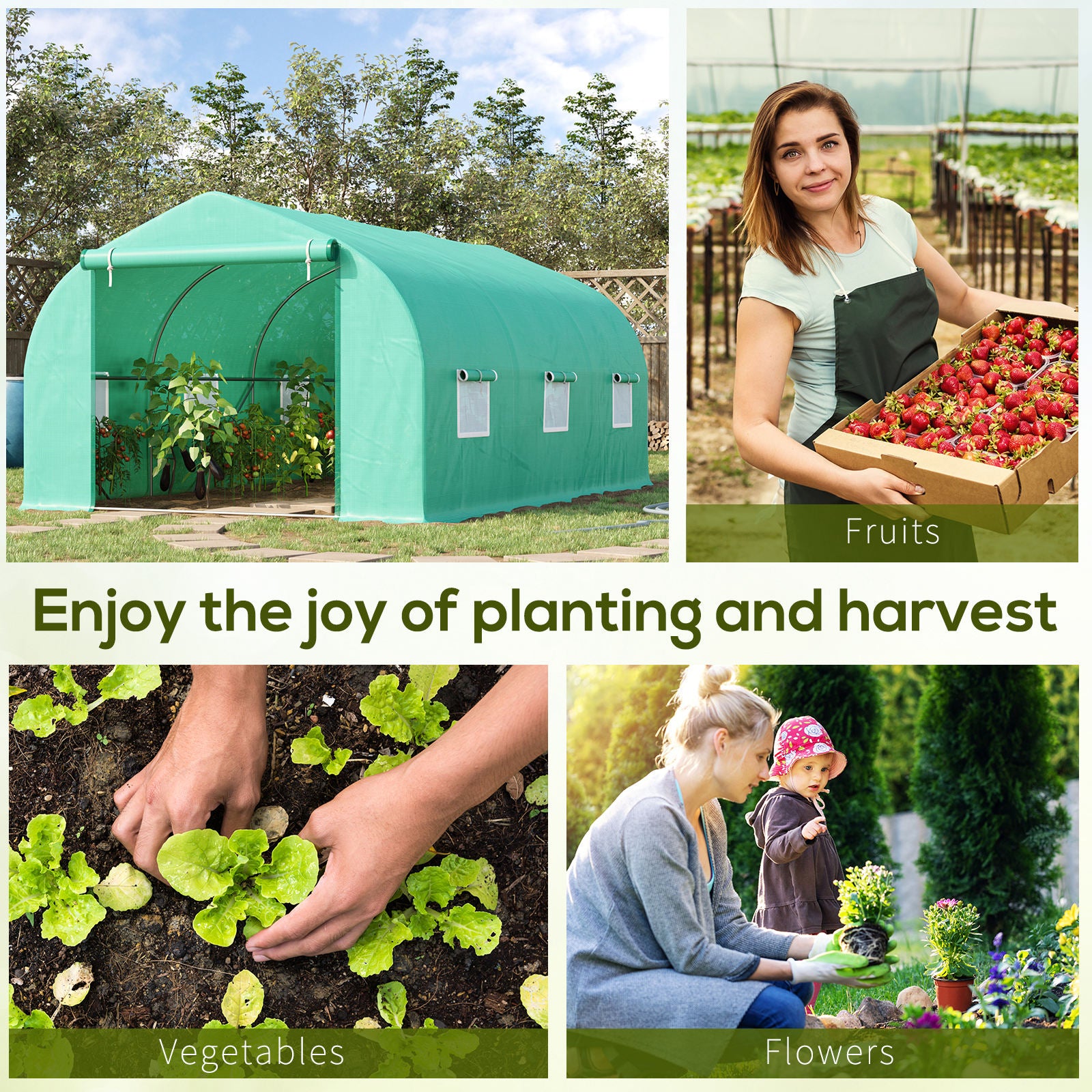 15' x 10' x 7' Walk-in Greenhouse Outdoor Plant Tunnel Warm Hot House w/ Roll Up Door and 6 Mesh Windows, Steel Frame, G