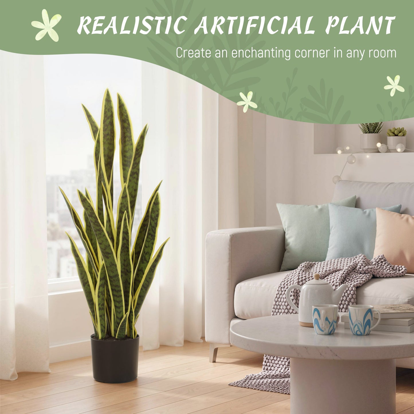Artificial Tree, 35.4" Artificial Snake Plant with 21 Leaves in Pot for Home, Office, and Living Room, Green