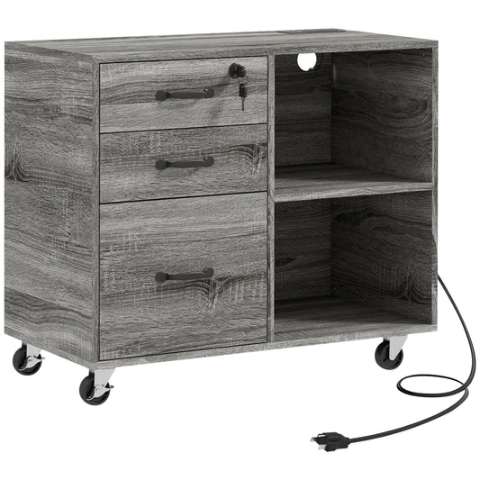 Mobile Printer Stand with Charging Station USB Ports Locking Filing Cabinet for A4 Letter Size Grey