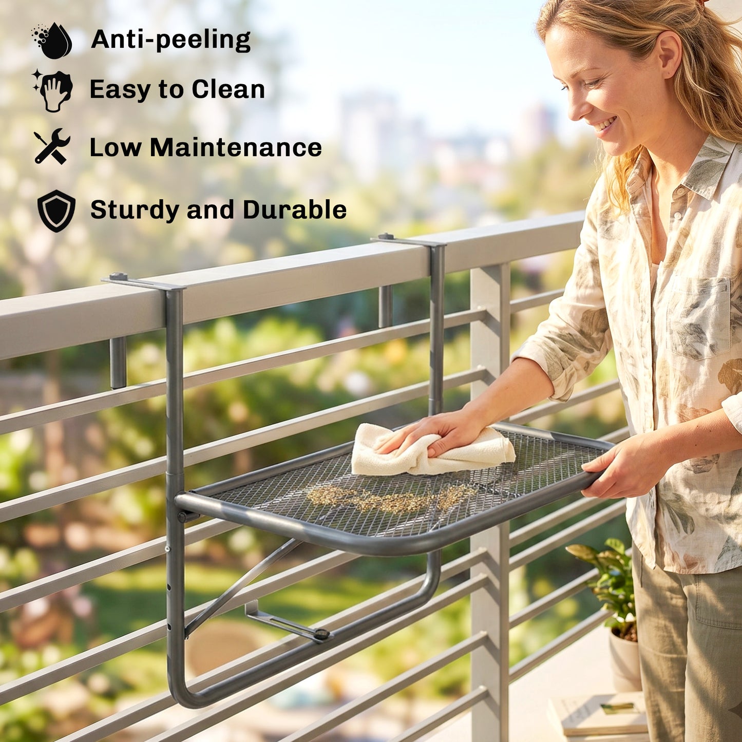 Adjustable Balcony Hanging Railing Table, Metal Mounting Mini Wall Desk Storage Rack, Outdoor Flower Stand Serving Table