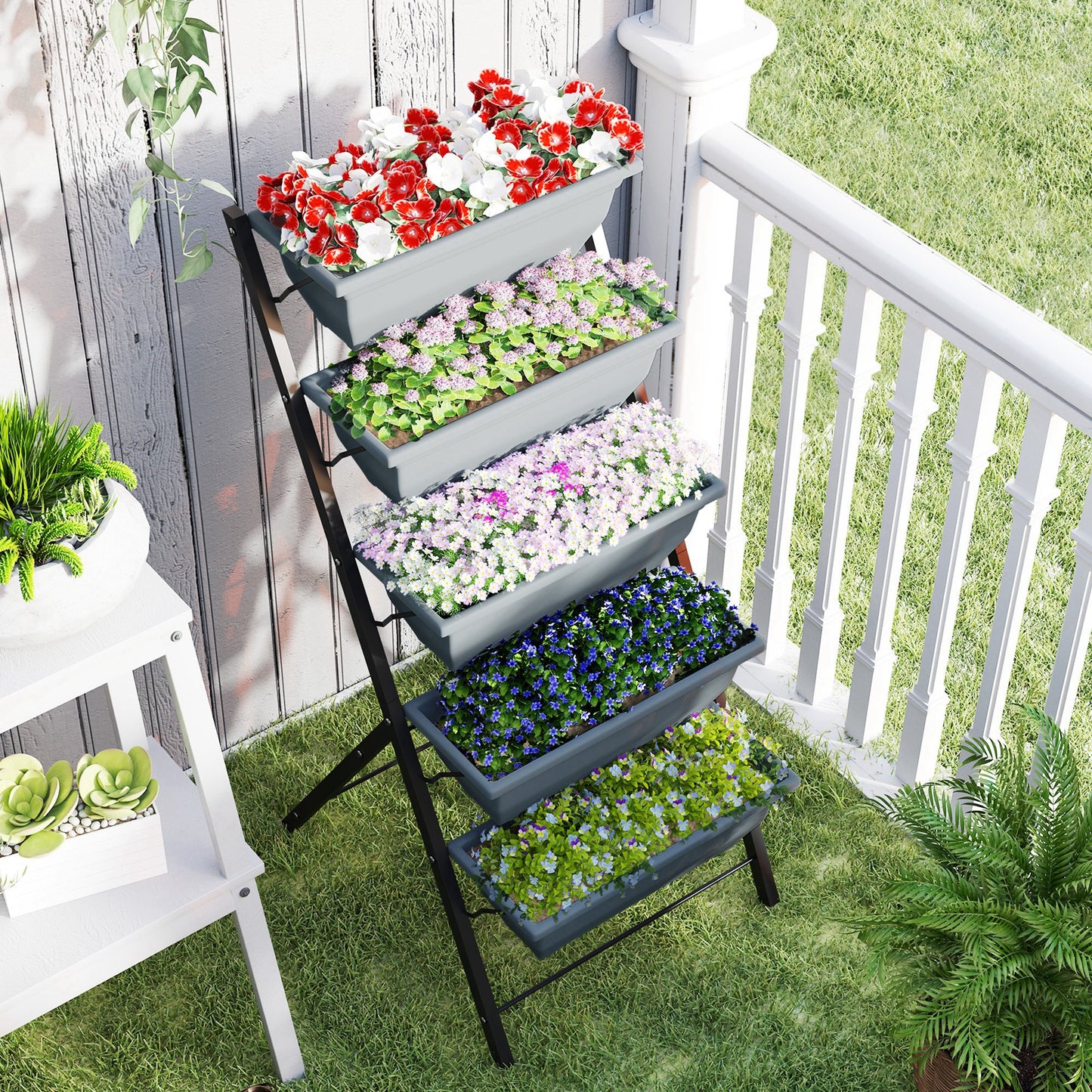 5-Tier Raised Garden Bed Plant Stand Flower Pots with Leaking Holes Grey