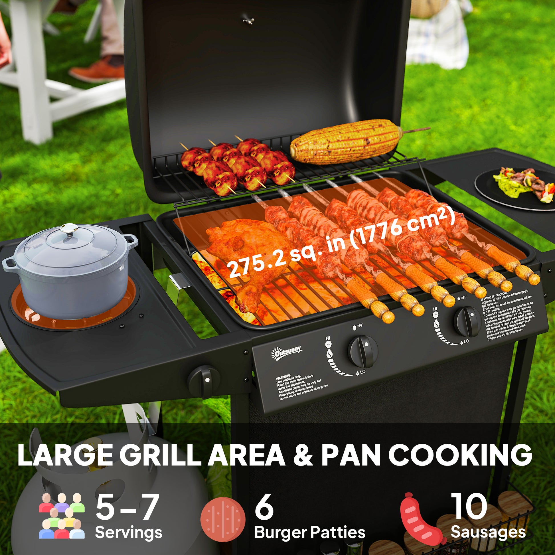 2+1 Burner Propane Gas BBQ Grill, Portable Gas Barbecue Grill with Side Burner, Thermometer, Lid, Side Table, Shelf, Spi