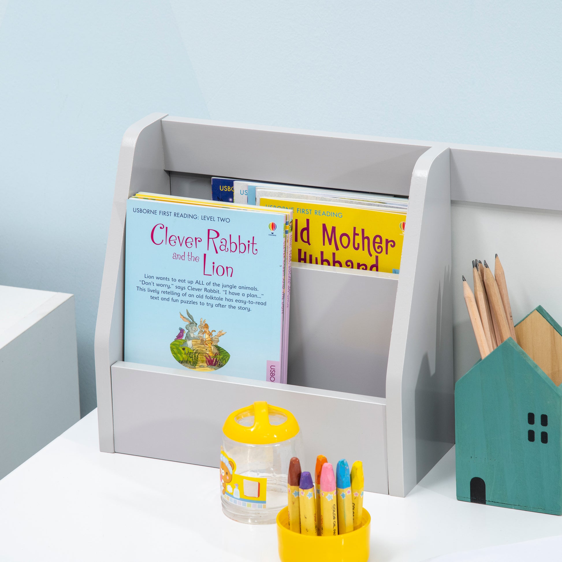 Qaba 2Pcs Kids Desk and Chair Set with Whiteboard, Storage, Shelves, Grey