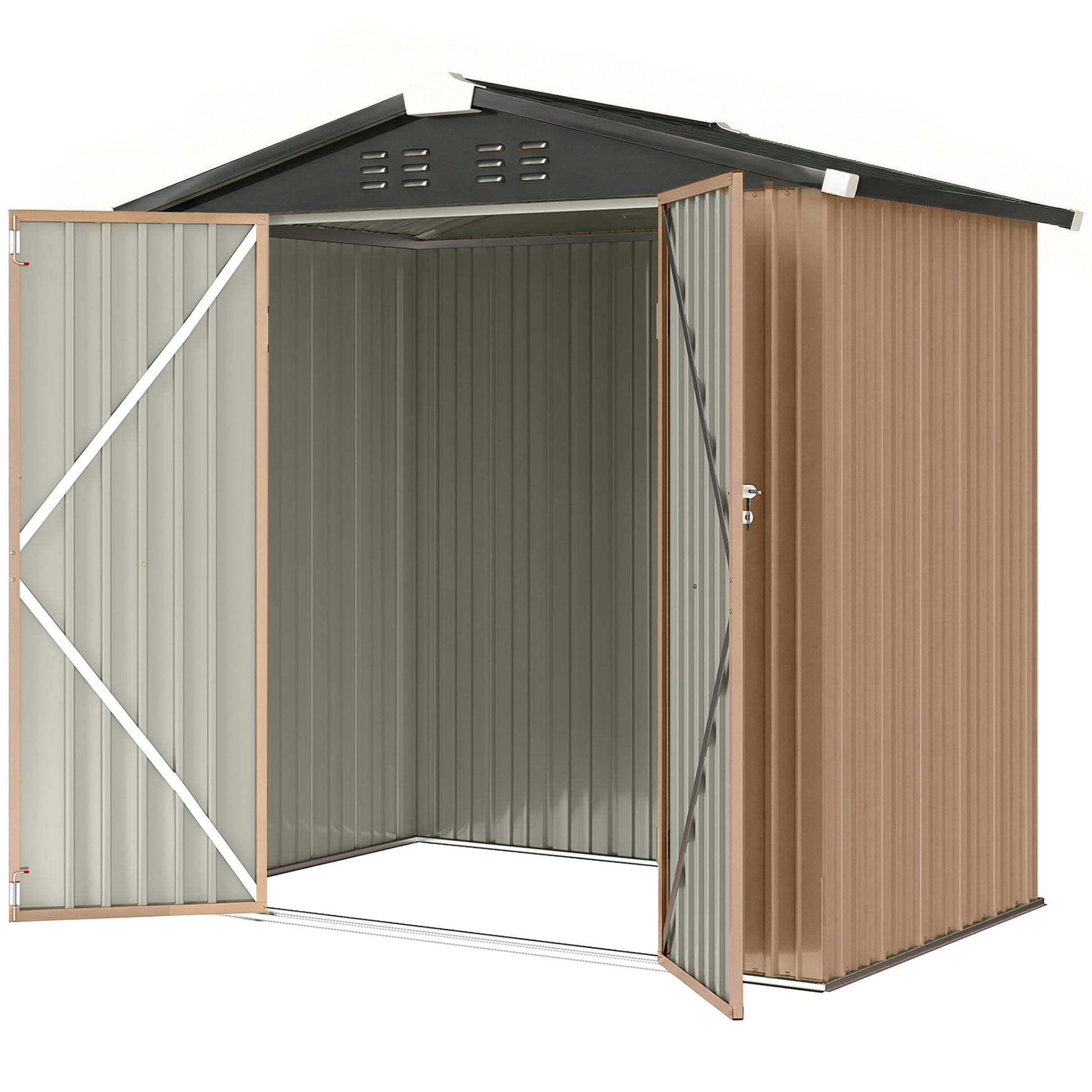 6.5' x 4'  Outdoor Storage Shed, Metal Garden Shed with Lockable Double Doors, 4 Vents, Brown