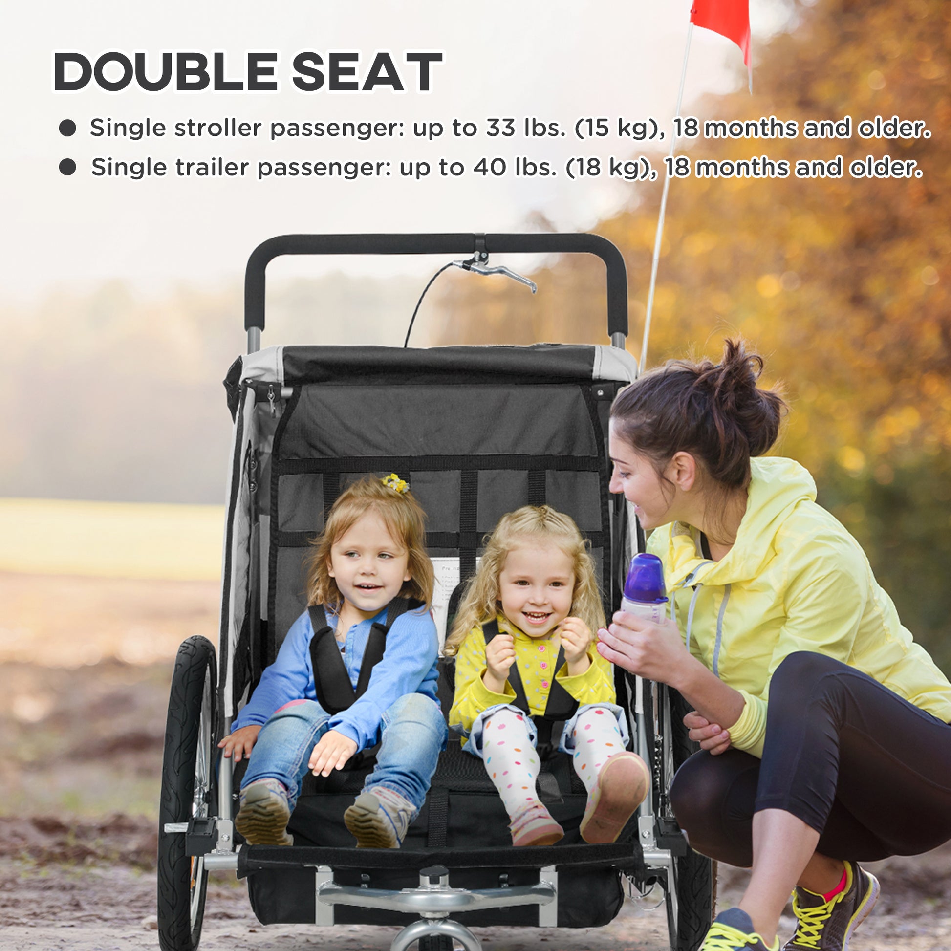 VarietyKart 2-in-1 Bike Trailer for Kids, Foldable 2-Seat Baby Stroller with 5-Point Harness, Rubber Wheels, Storage Bag
