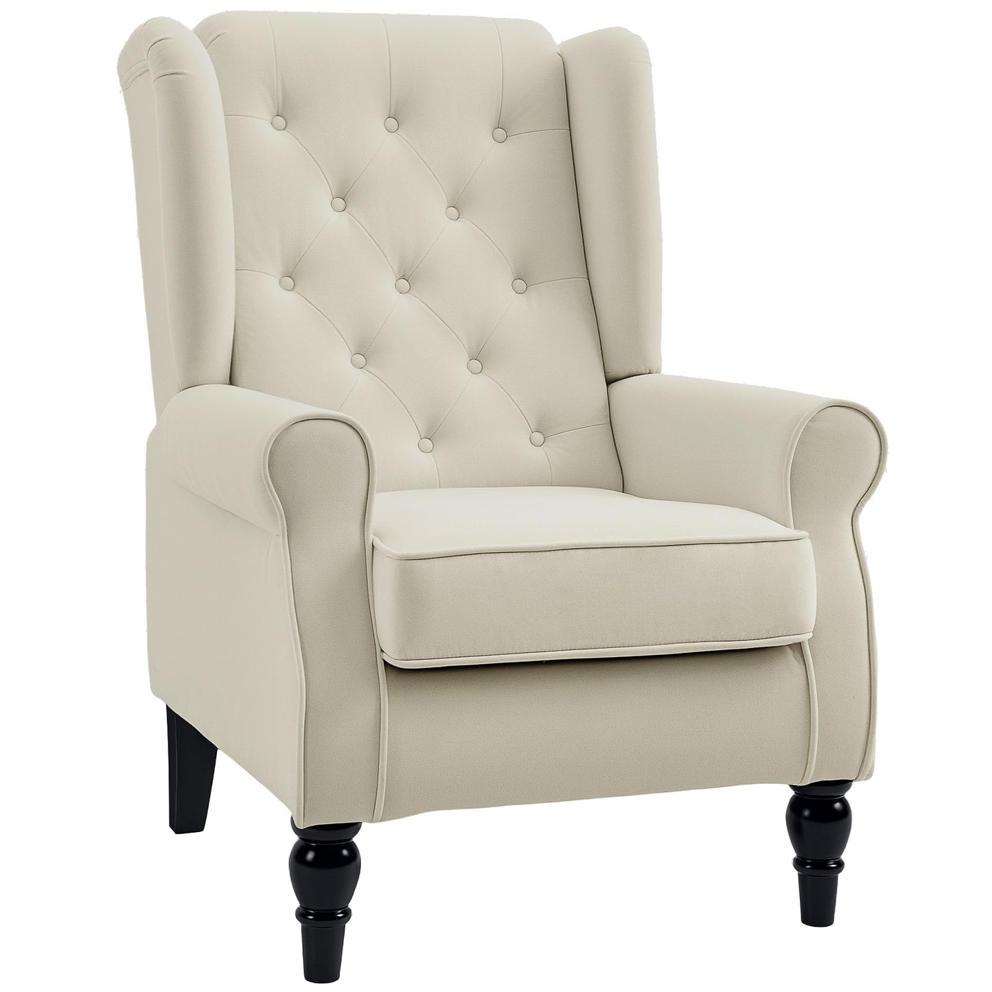 Fabric Accent Chair, Button Tufted Armchair, Upholstered Modern Living Room Chair, Wingback Chair with Wood Legs, Rolled