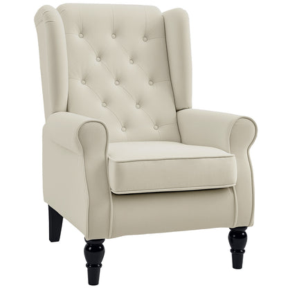 Fabric Accent Chair, Button Tufted Armchair, Upholstered Modern Living Room Chair, Wingback Chair with Wood Legs, Rolled