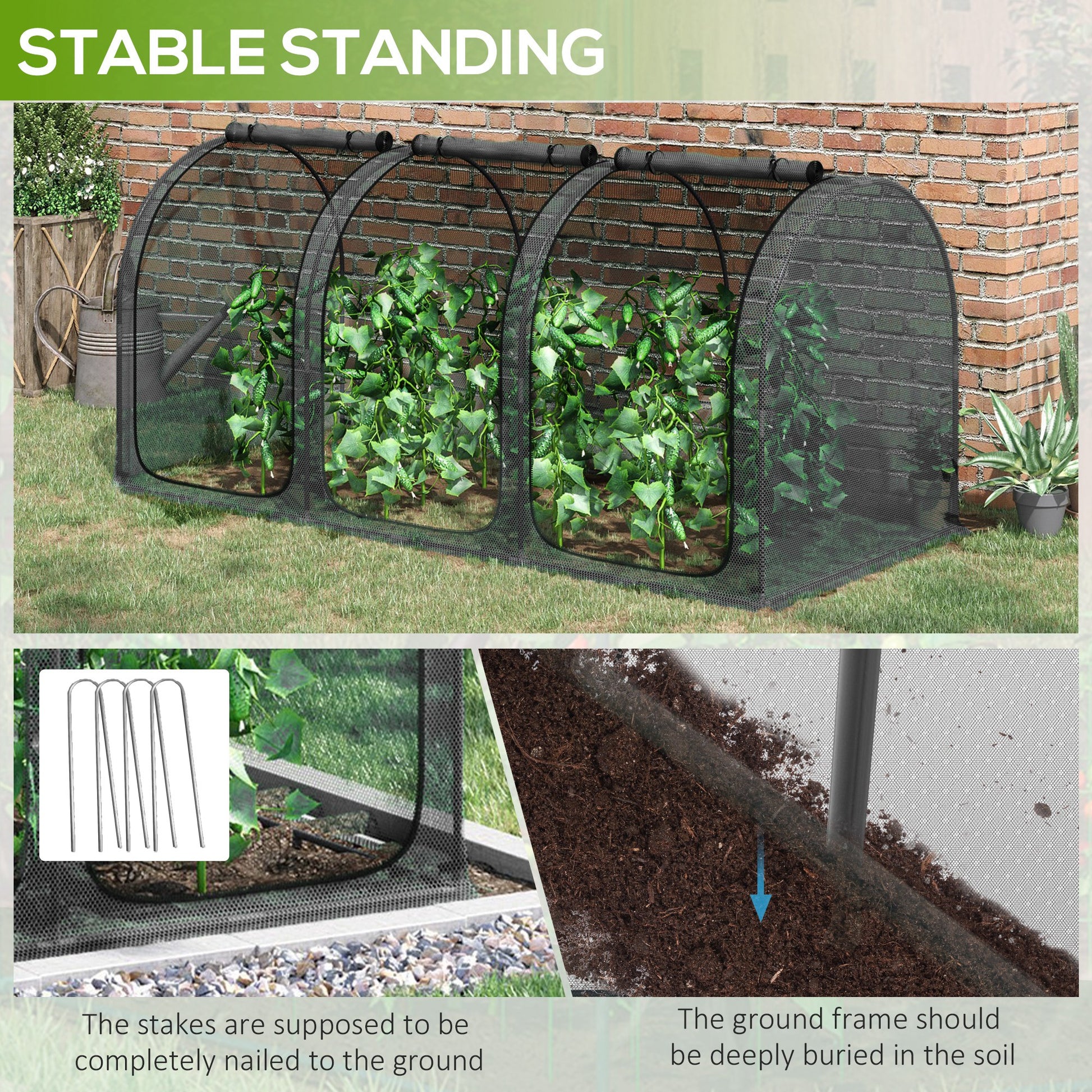 9' x 4' Crop Cage, Garden Plant Protector, with 3 Zippered Doors and 4 Ground Stakes, for Garden, Yard, Lawn, Black