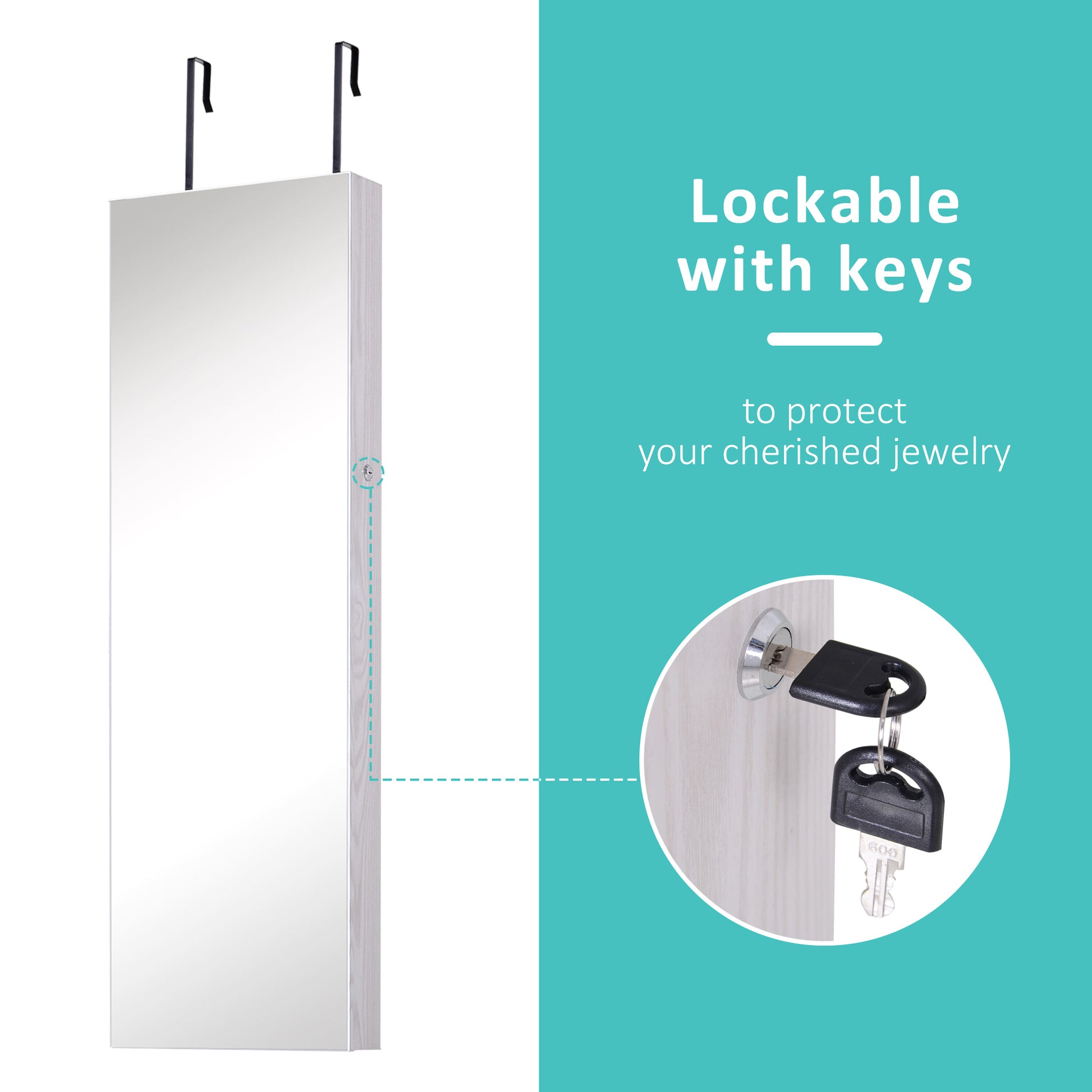 Mirror Jewelry Cabinet Armoire with LED Lights and 2 Keys, Wall Door Mounted Jewelry Organizer, Lockable Full-length Mir