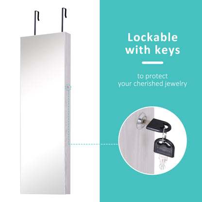 Mirror Jewelry Cabinet Armoire with LED Lights and 2 Keys, Wall Door Mounted Jewelry Organizer, Lockable Full-length Mir