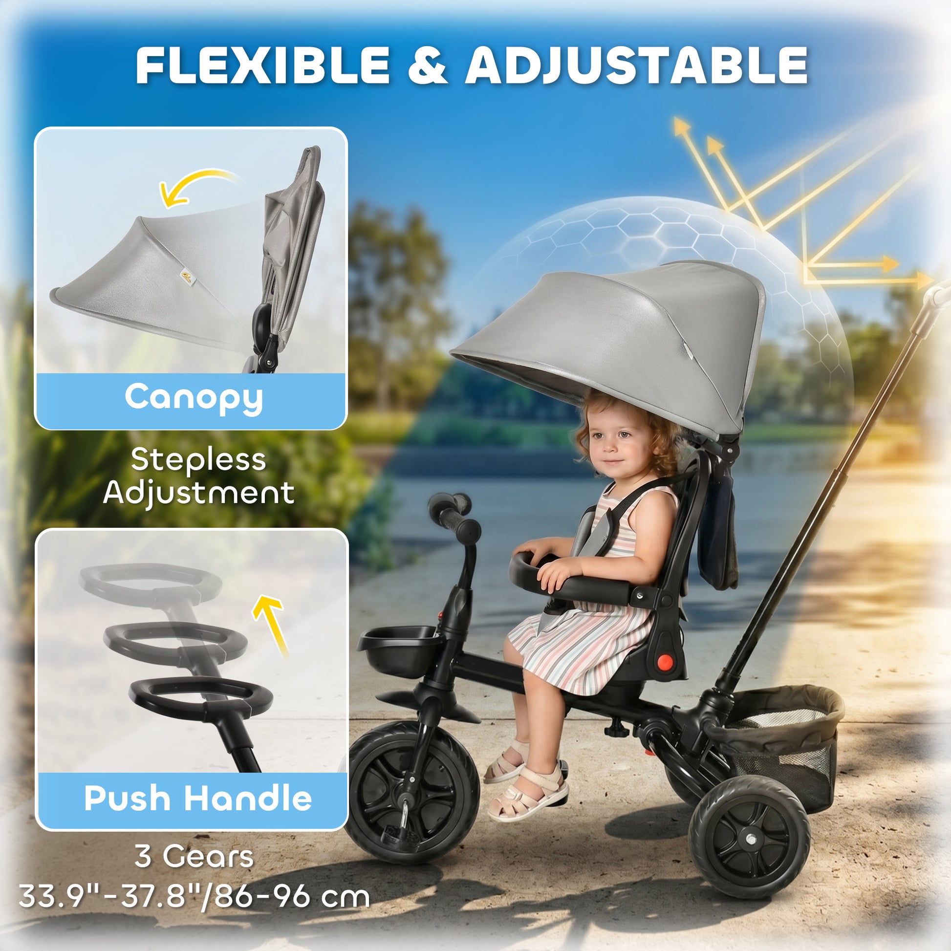 Qaba Tricycle for Toddler 5 in 1 Kids Trike, Foldable Converts Stroller to Toddler Bike, Adjustable Backrest & Curved Ca