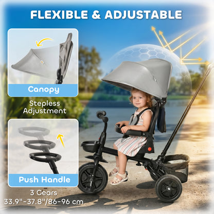 Qaba Tricycle for Toddler 5 in 1 Kids Trike, Foldable Converts Stroller to Toddler Bike, Adjustable Backrest & Curved Ca