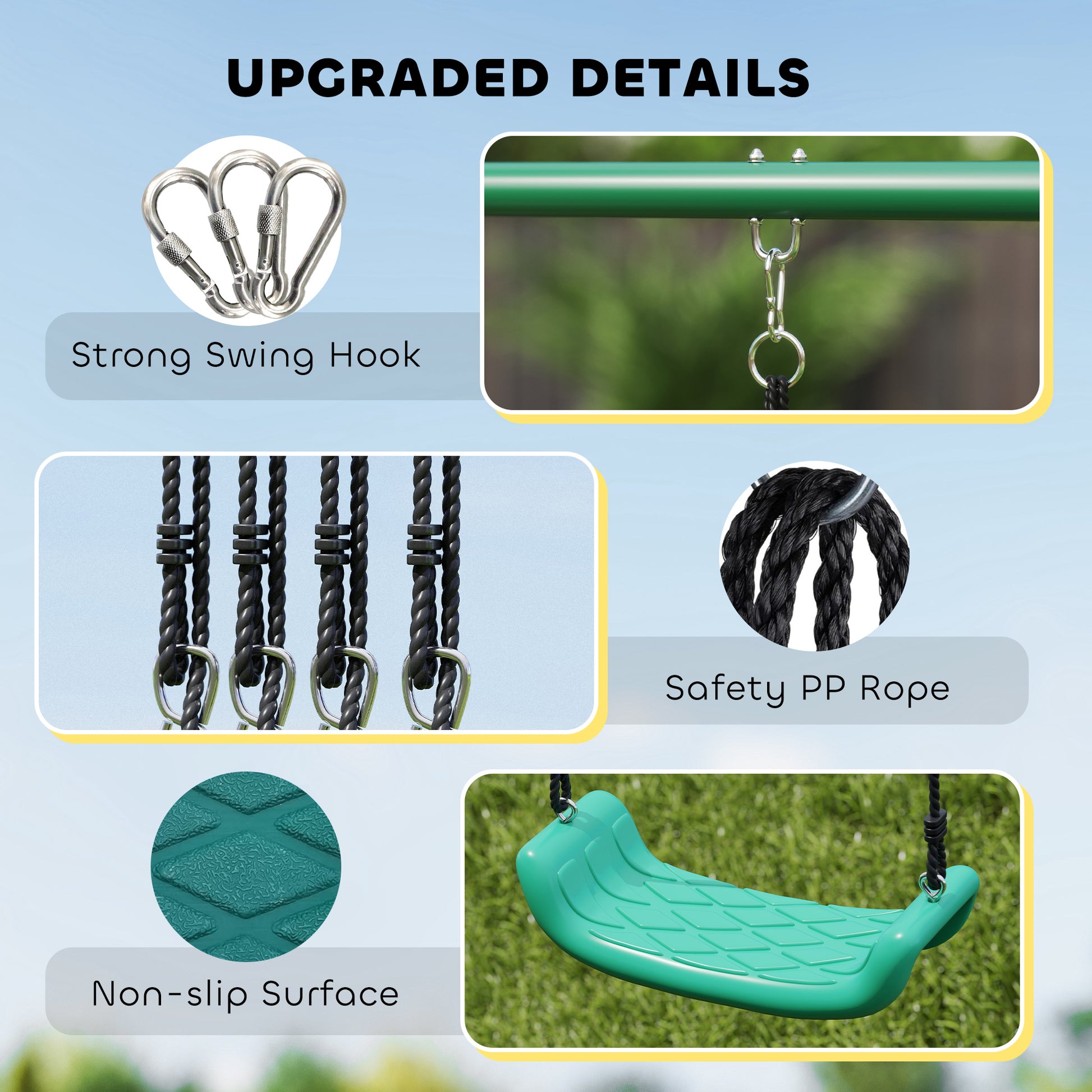 Qaba Metal Swing Set with Slide, Saucer Swing Seat, Heavy Duty A-Frame Stand and Adjustable Rope for Backyard, Dark Gree
