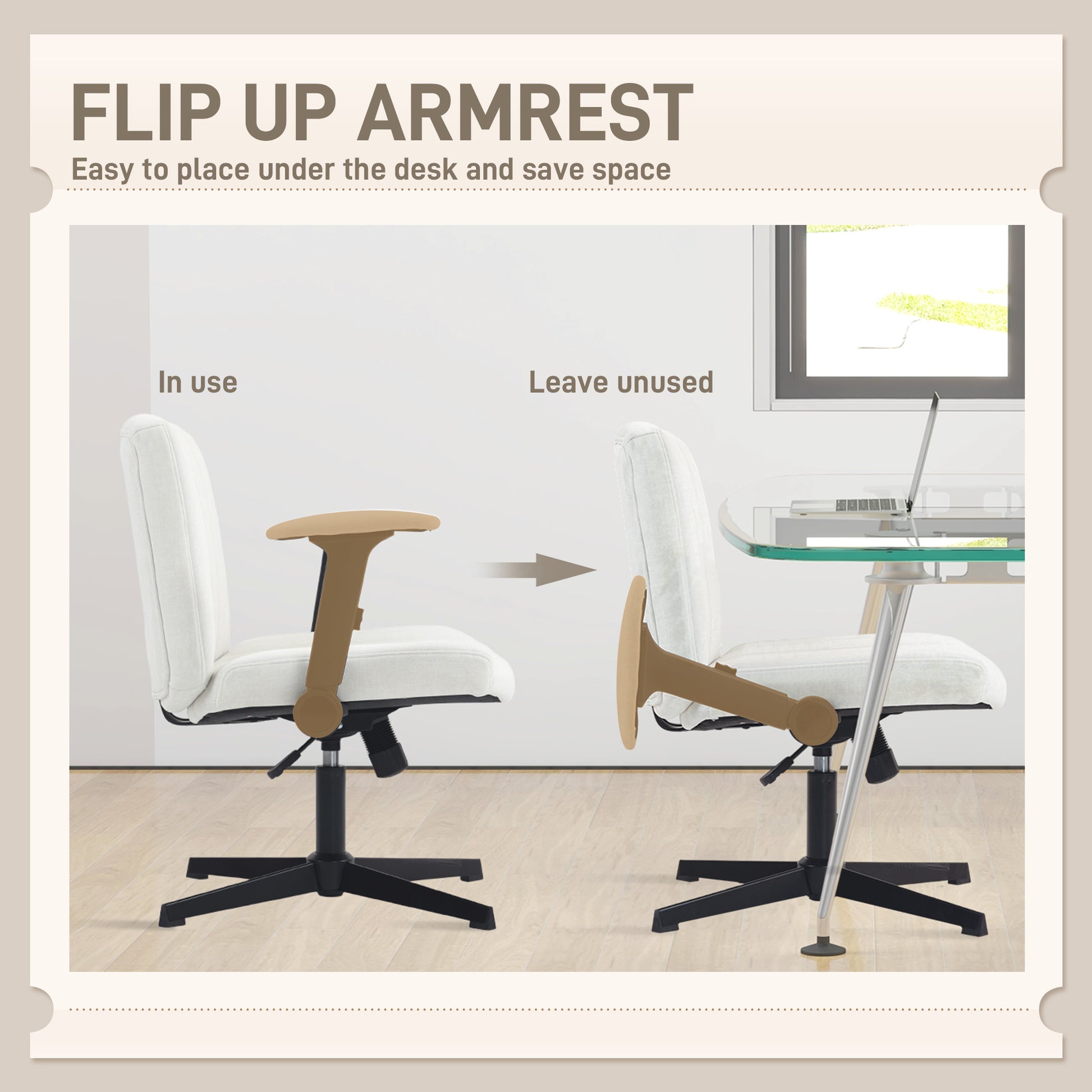 Criss Cross Chair with Flip-up Armrests, Wide Office Chair with Adjustable Height, Tilting, No Wheels, Beige
