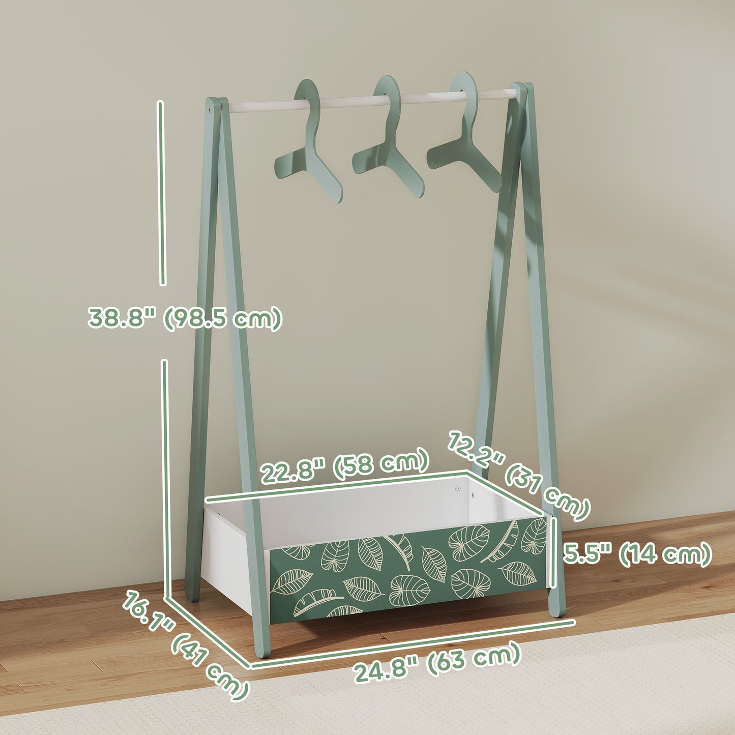 Qaba Kids Clothing Rack with Storage Shelf, Hangers, for Nursery Room, Living Room, Playroom, Green