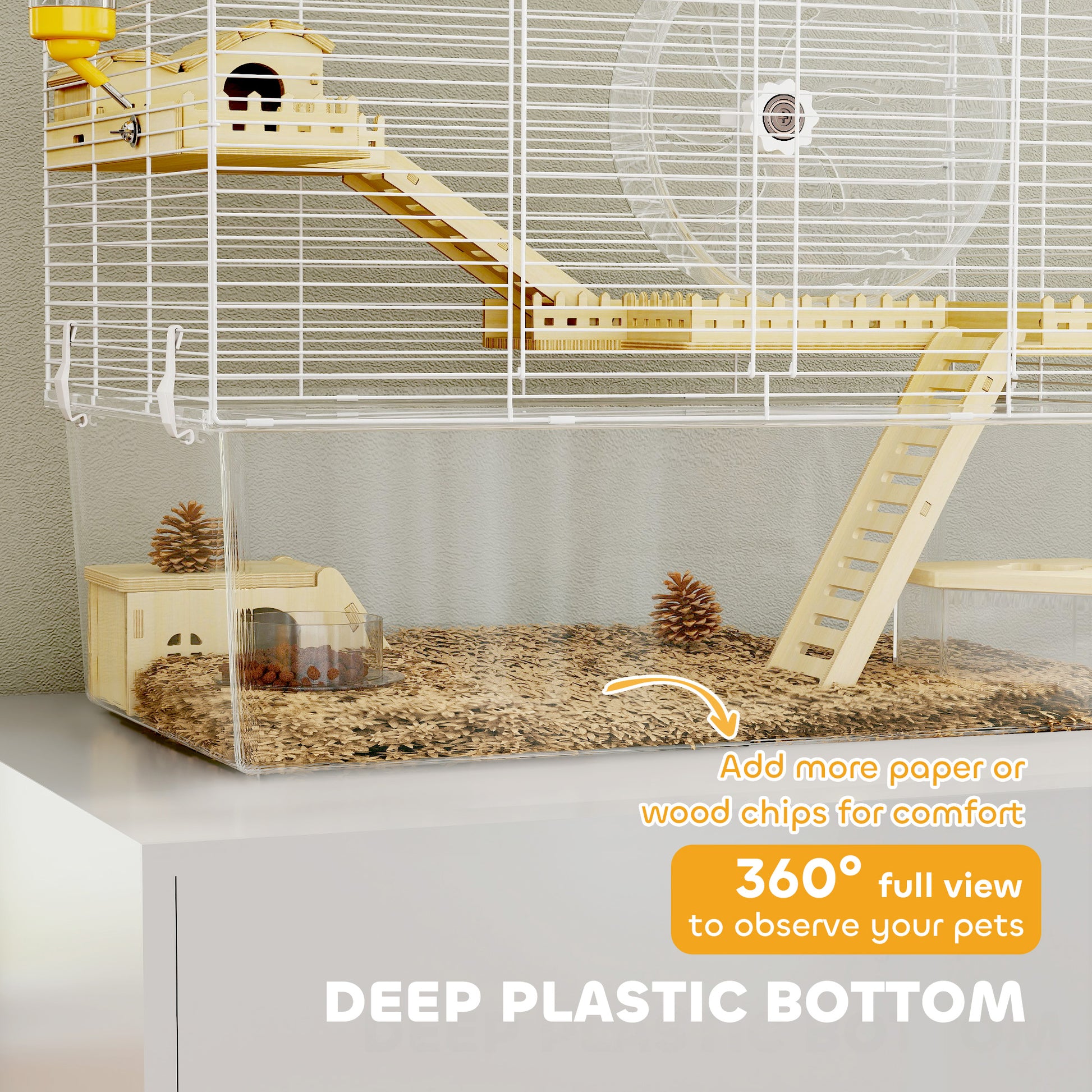Hamster Cage with Deep Bottom, Wooden Ramp, Hut, Bathroom and Exercise Wheel for Hamster and Gerbil, White
