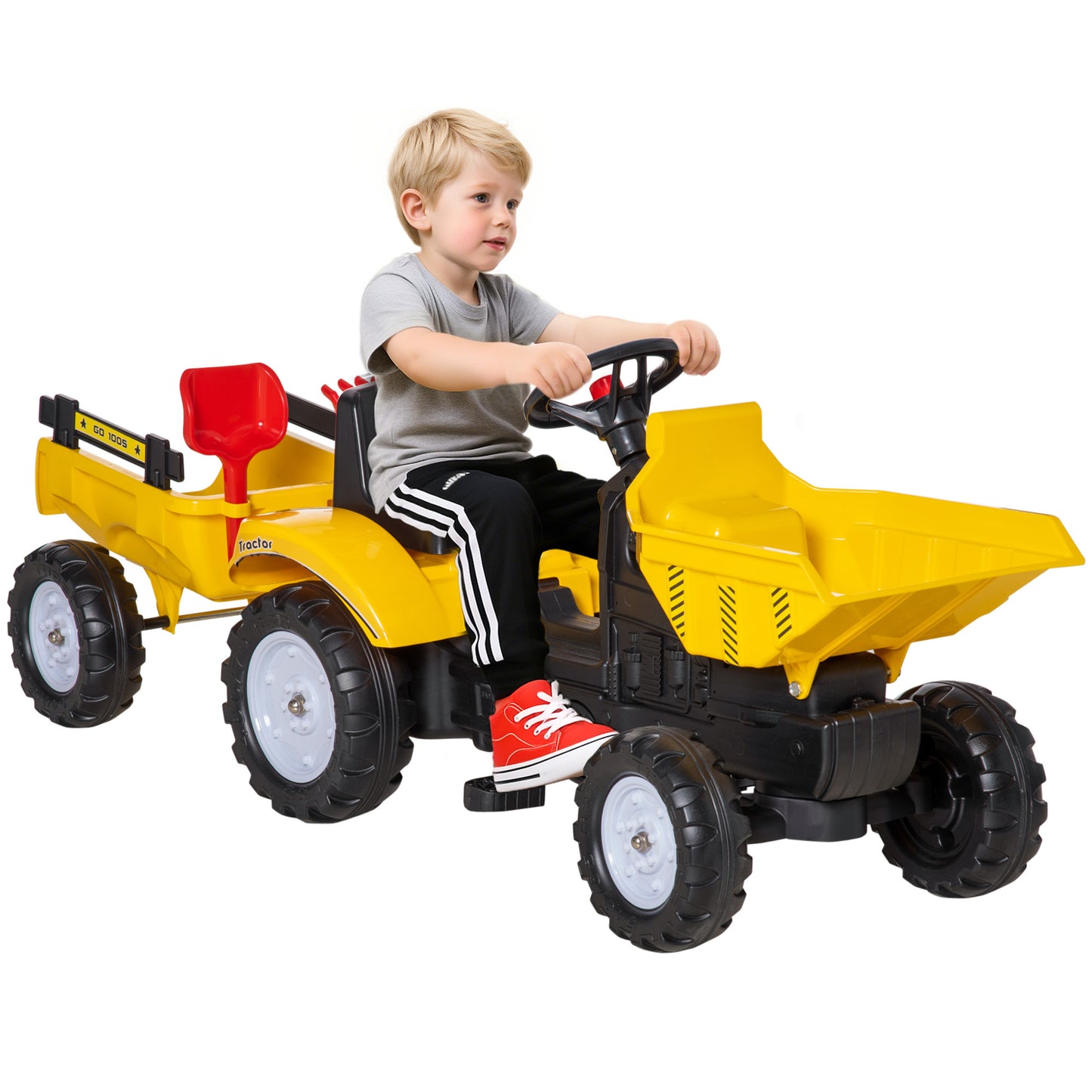 VarietyKart Ride on Toy Dump Truck for Kids, Pedal Construction Car with Detachable Trailer for 3 Years Old, Yellow