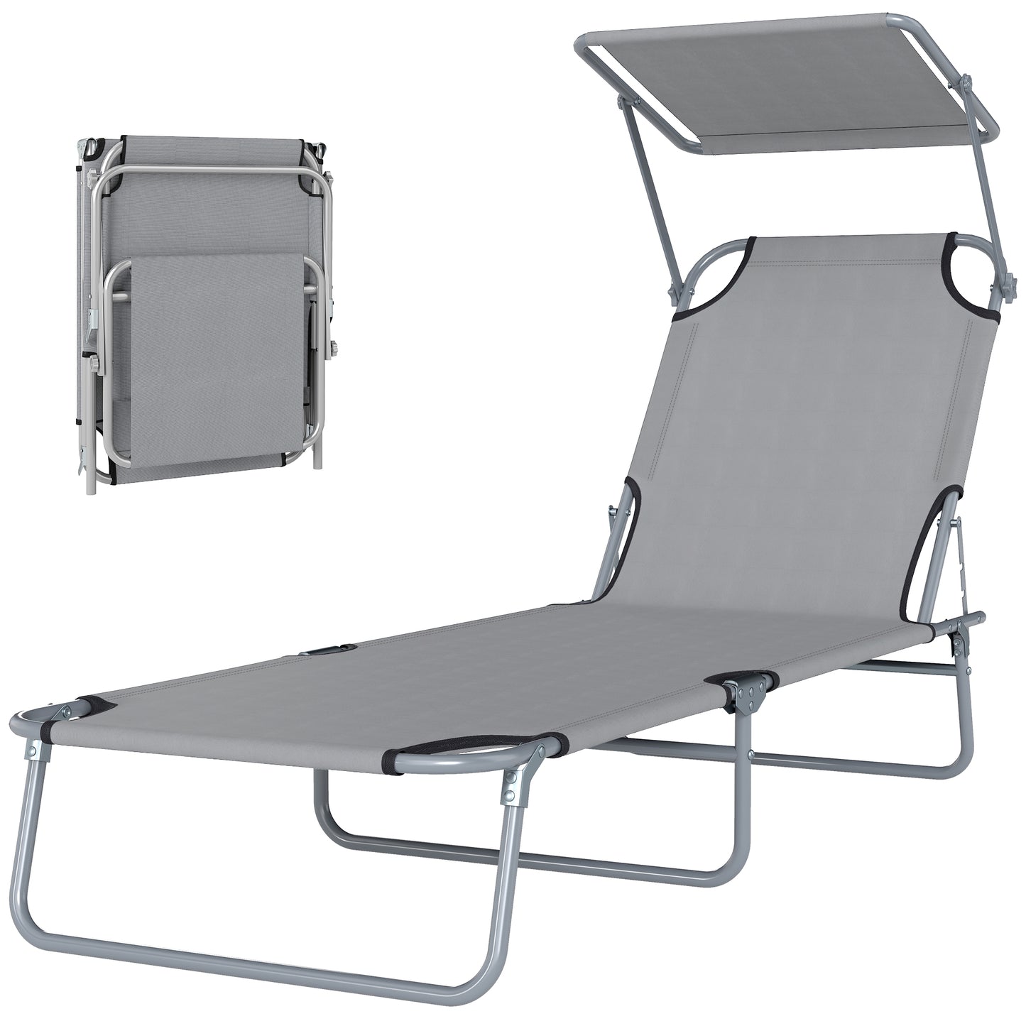 Outdoor Lounge Chair, Adjustable Folding Chaise Lounge, Tanning Chair with Sun Shade for Beach, Camping, Hiking, Backyar