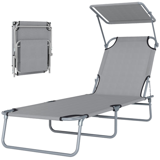 Outdoor Lounge Chair, Adjustable Folding Chaise Lounge, Tanning Chair with Sun Shade for Beach, Camping, Hiking, Backyar