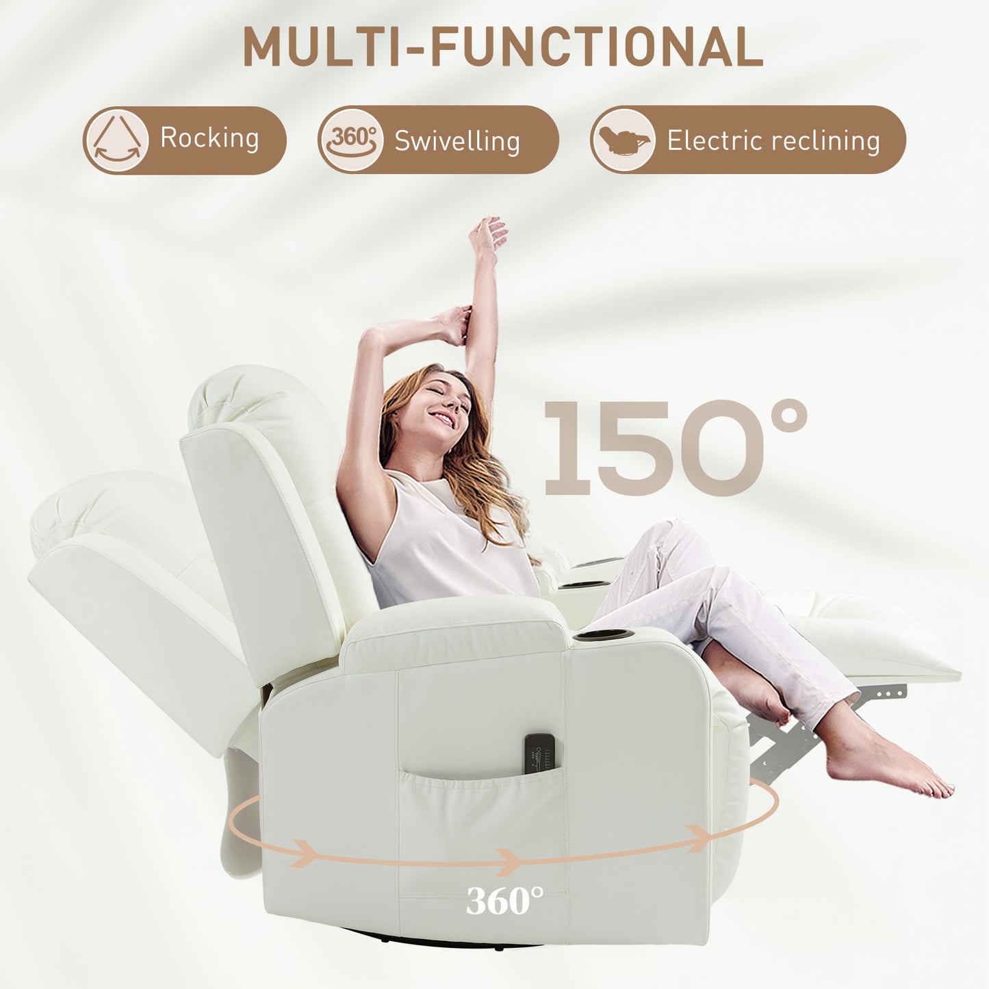 Swivel Massage Recliner Sofa, Overstuffed Manual Reclining Sofa, PU Leather Rocking Chair with Side Pockets, Cup Holders