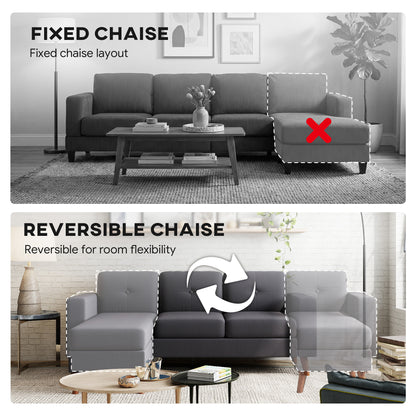 Sectional Sofa with Changeable Chaise Lounge, 3 Seat L-Shaped Small Space Sofa, Upholstered Couch for Small Space, Dark 