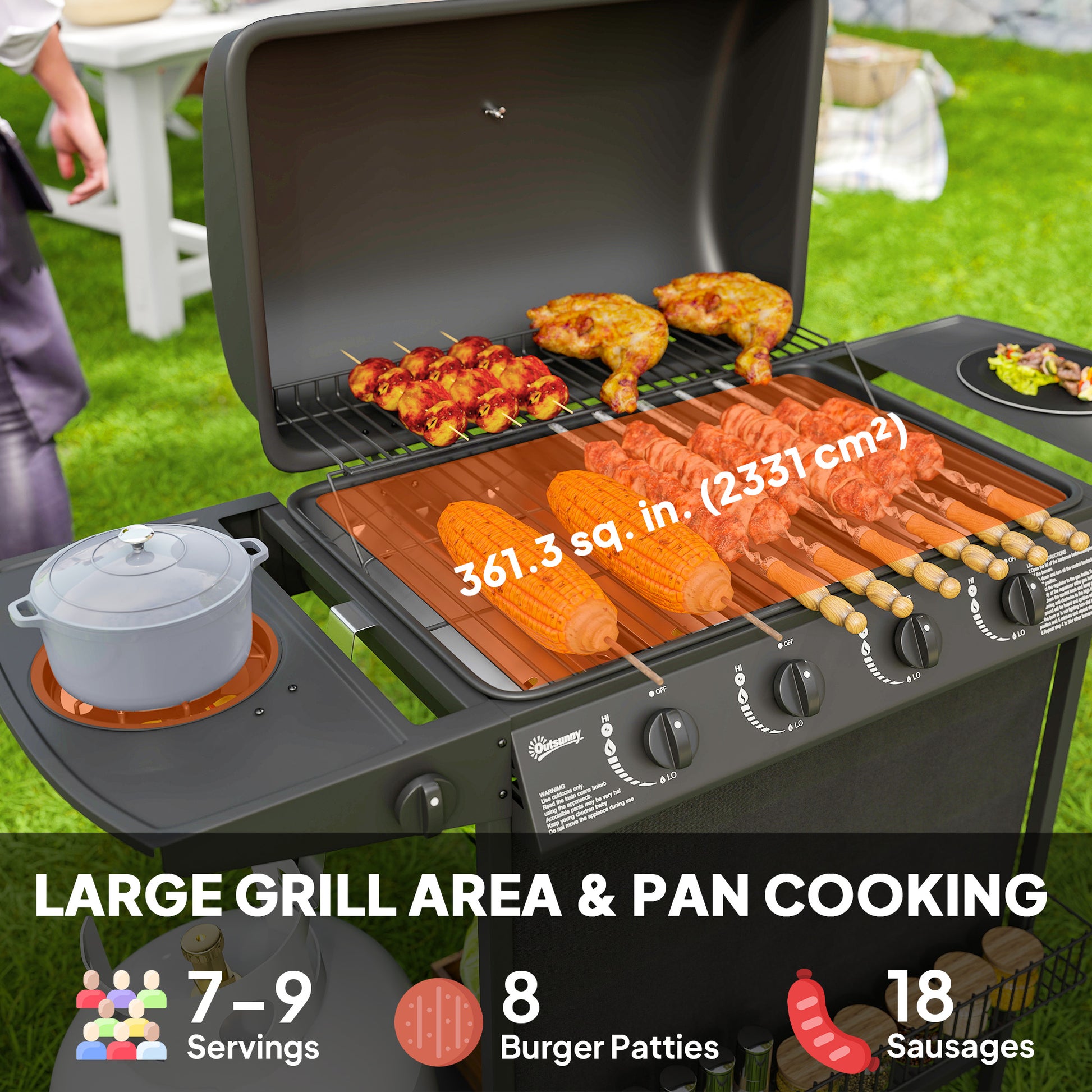 4+1 Burner Propane Gas BBQ Grill, Portable Gas Barbecue Grill with Side Burner, Thermometer, Lid, Side Table, Shelf, Spi