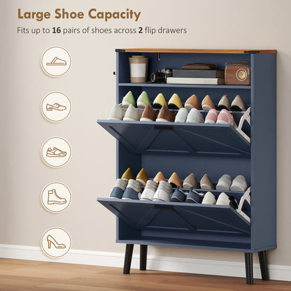 Shoe Storage Cabinet with 2 Flip Drawers, Farmhouse Narrow Shoe Cabinet, Holds Up to 16 Pairs, Blue