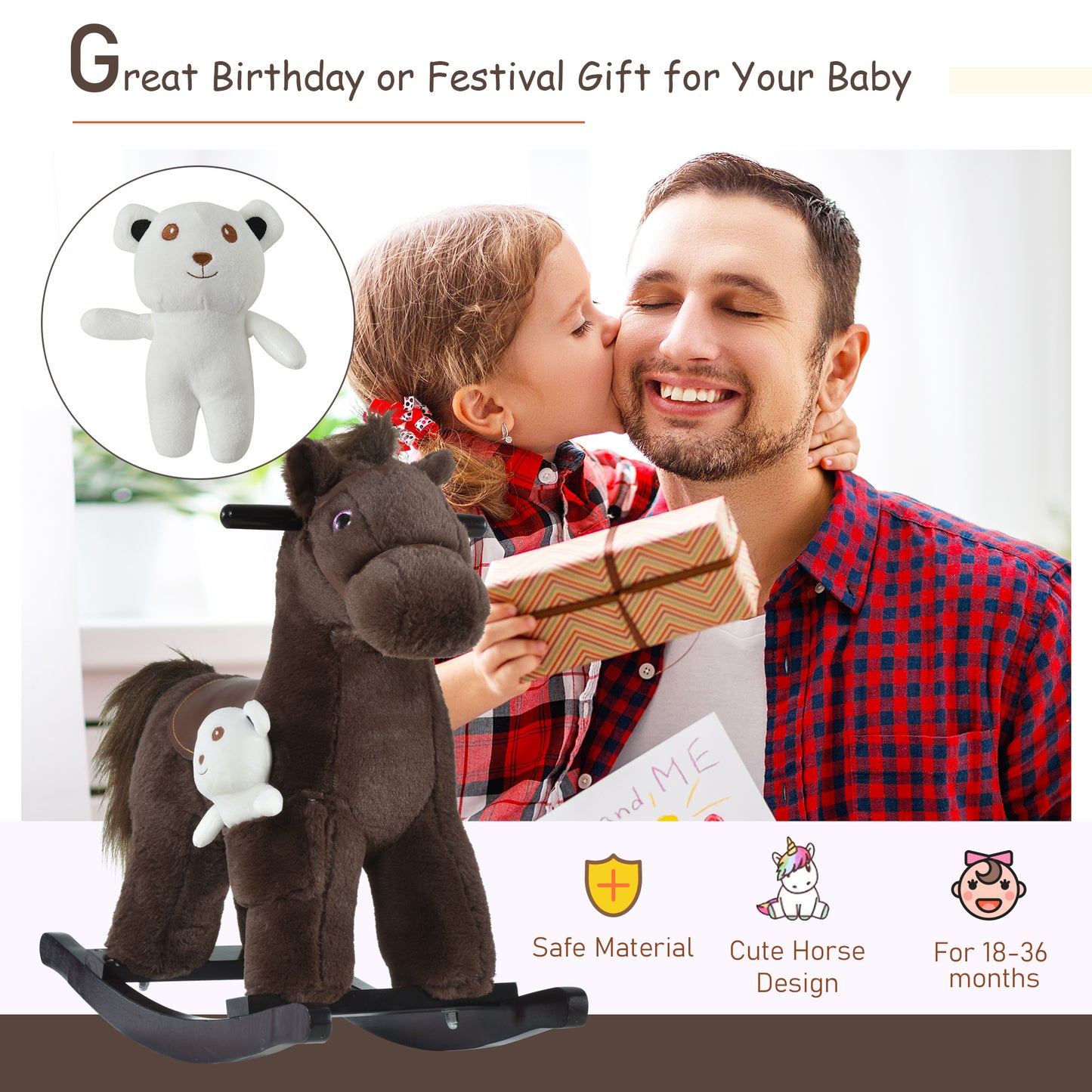 Qaba Kids Rocking Horse Plush Animal on Wooden Rockers with Sounds, Wooden Base and Bear Toy, Baby Rocking Chair, Brown