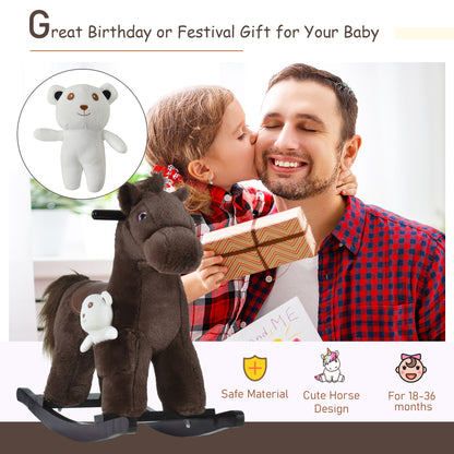 Qaba Kids Rocking Horse Plush Animal on Wooden Rockers with Sounds, Wooden Base and Bear Toy, Baby Rocking Chair, Brown