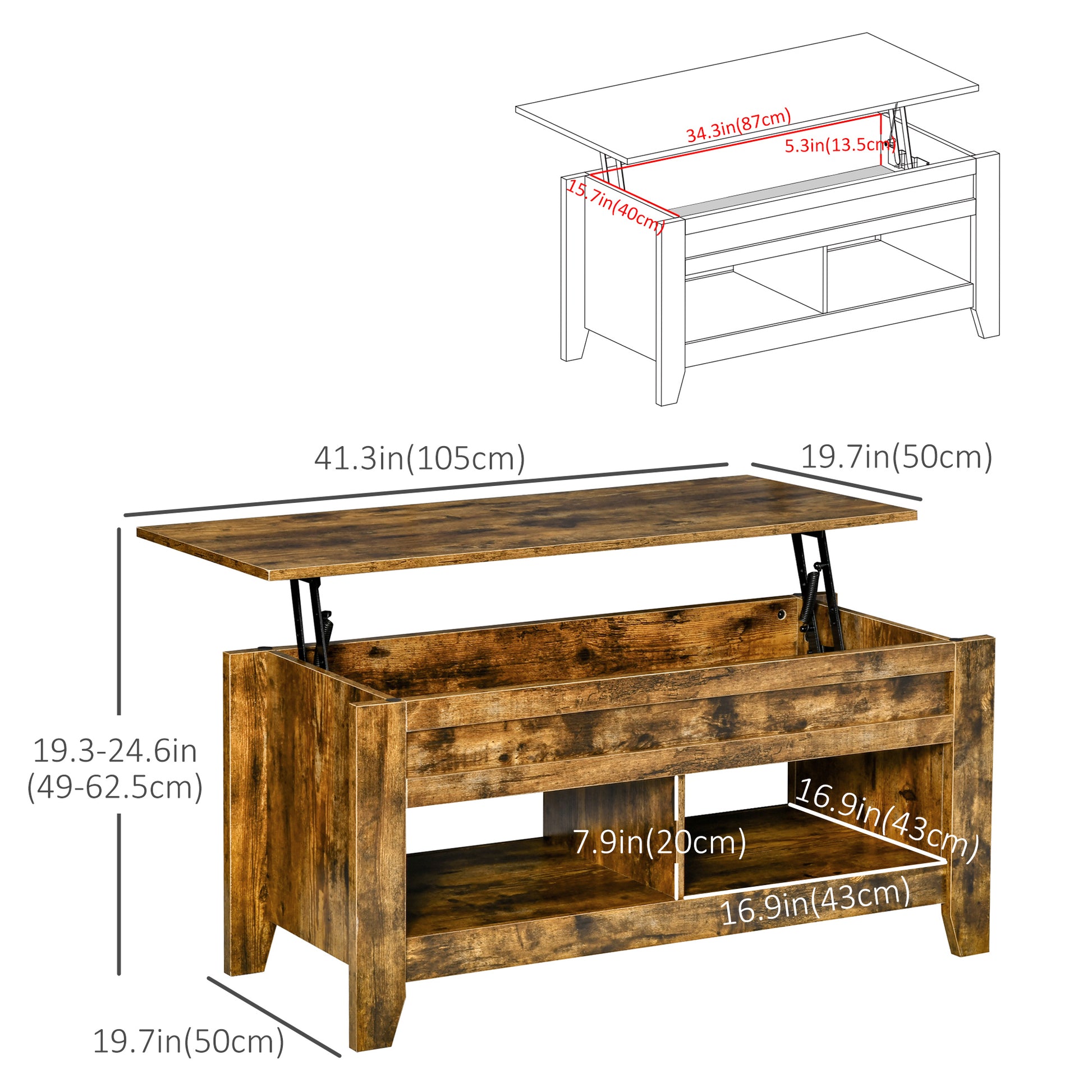 Lift Top Coffee Table with Hidden Storage Compartment and Open Shelves, Lift Tabletop Pop-Up Center Table for Living Roo