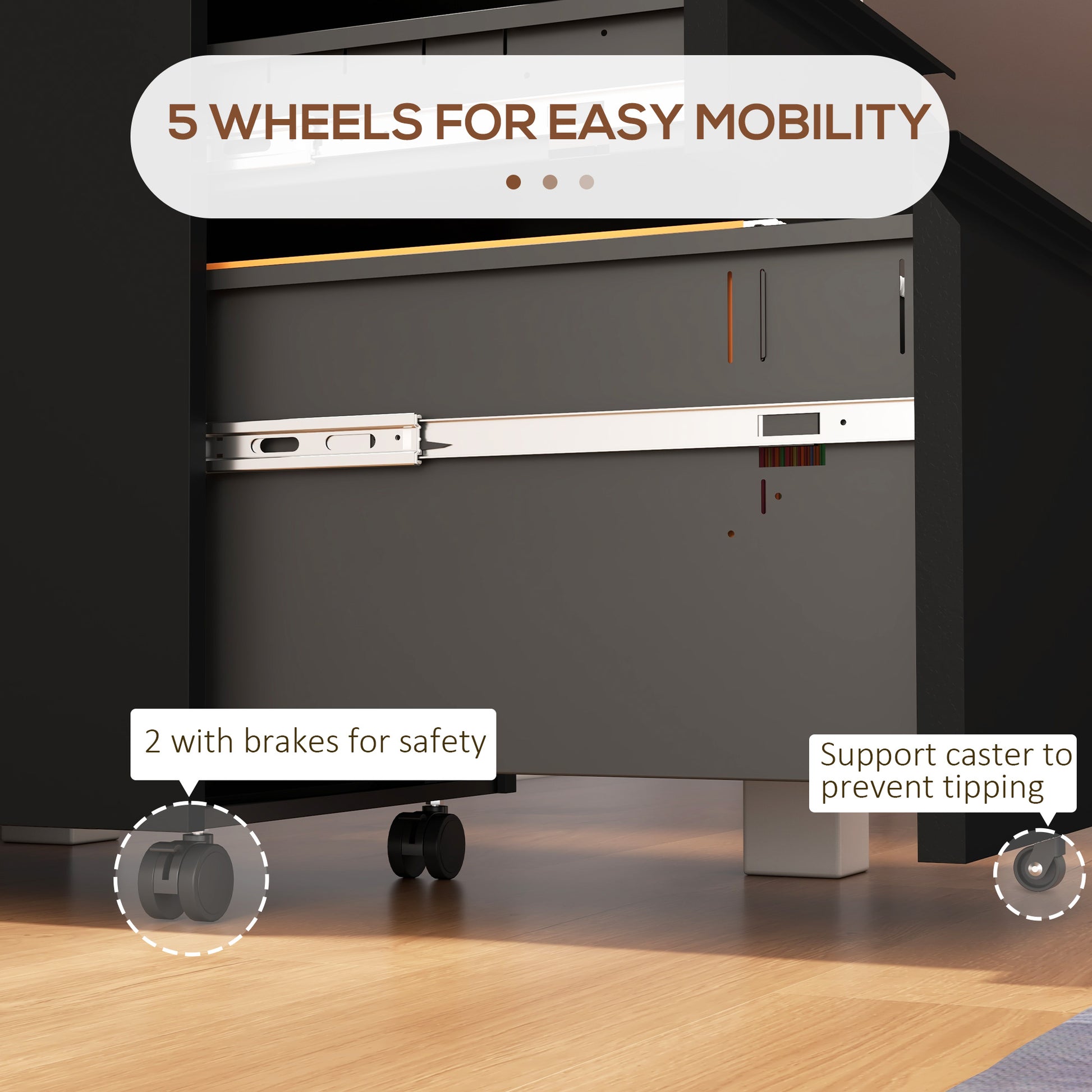 3 Drawer File Cabinet with Lock, Steel Vertical Filing Cabinet with 5 Wheels and Hanging Bar for A4/Legal/Letter, Home O