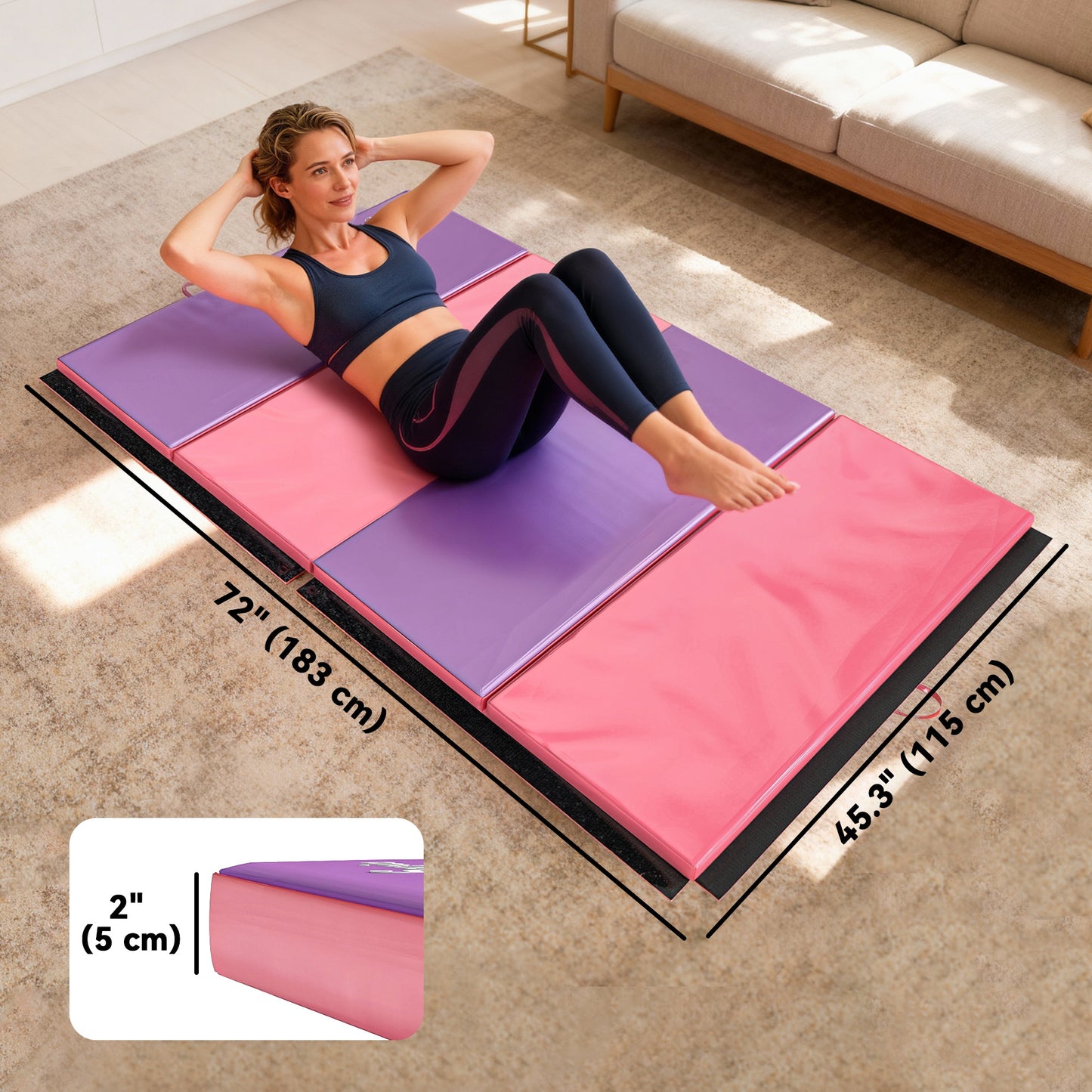 Soozier 4'x6'x2'' Folding Gymnastics Tumbling Mat, Exercise Mat  with Carrying Handles for Yoga, MMA, Martial Arts, Stre