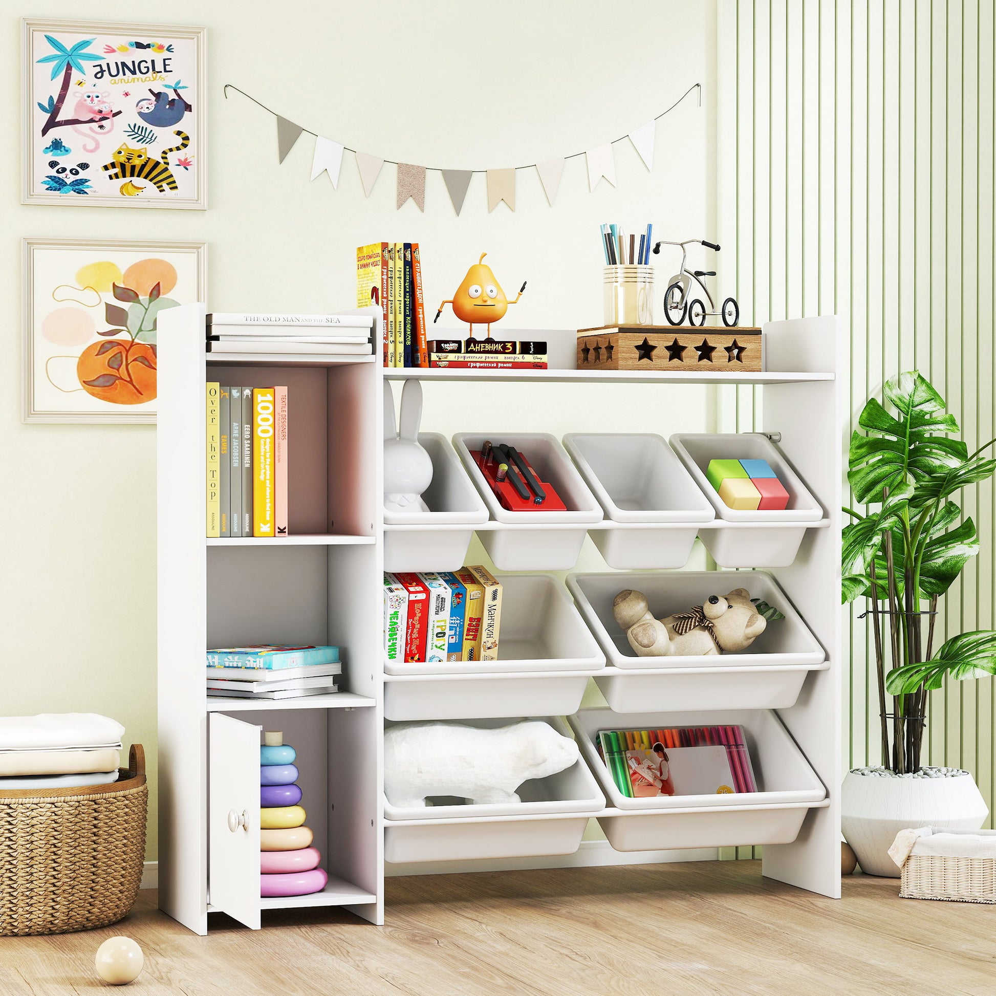 Qaba Kids Bookshelf and Toy Storage Organizer, Children Bookcase with 8 Removable Bins, Cabinet for Playroom, Kids Room,