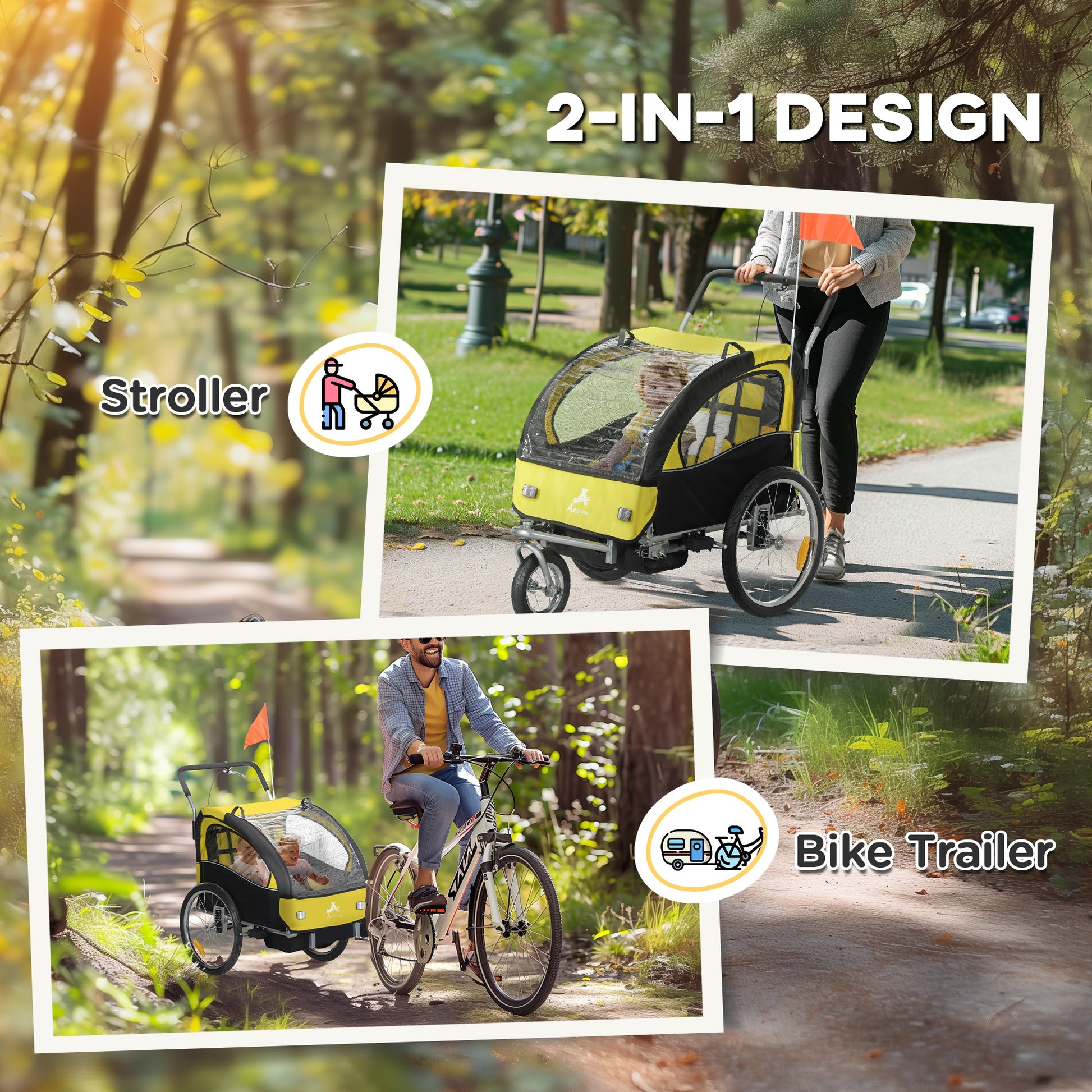 VarietyKart 2-in-1 Bike Trailer for Kids, Foldable 2-Seat Baby Stroller with 5-Point Harness, Rubber Wheels, Storage Bag