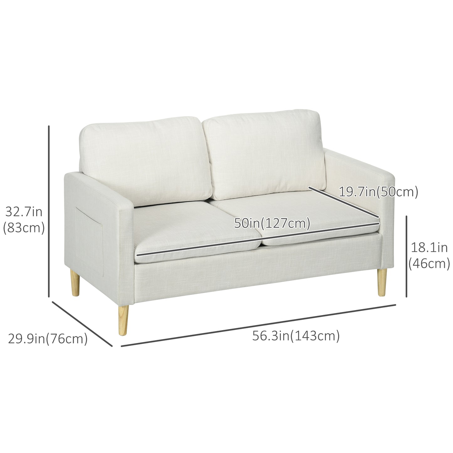 56" 2 Seat Sofa, Modern Love Seats Furniture, Upholstered 2 Seater Couch with Side Pockets, Solid Wood Frame, White