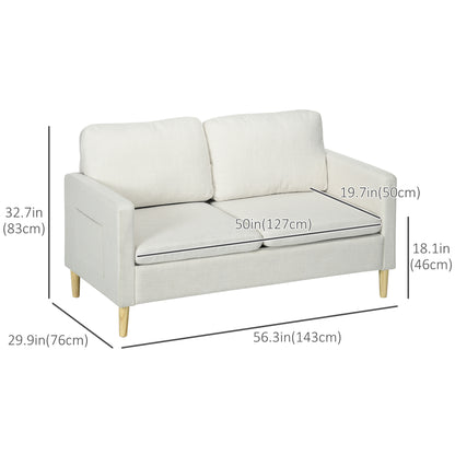 56" 2 Seat Sofa, Modern Love Seats Furniture, Upholstered 2 Seater Couch with Side Pockets, Solid Wood Frame, White