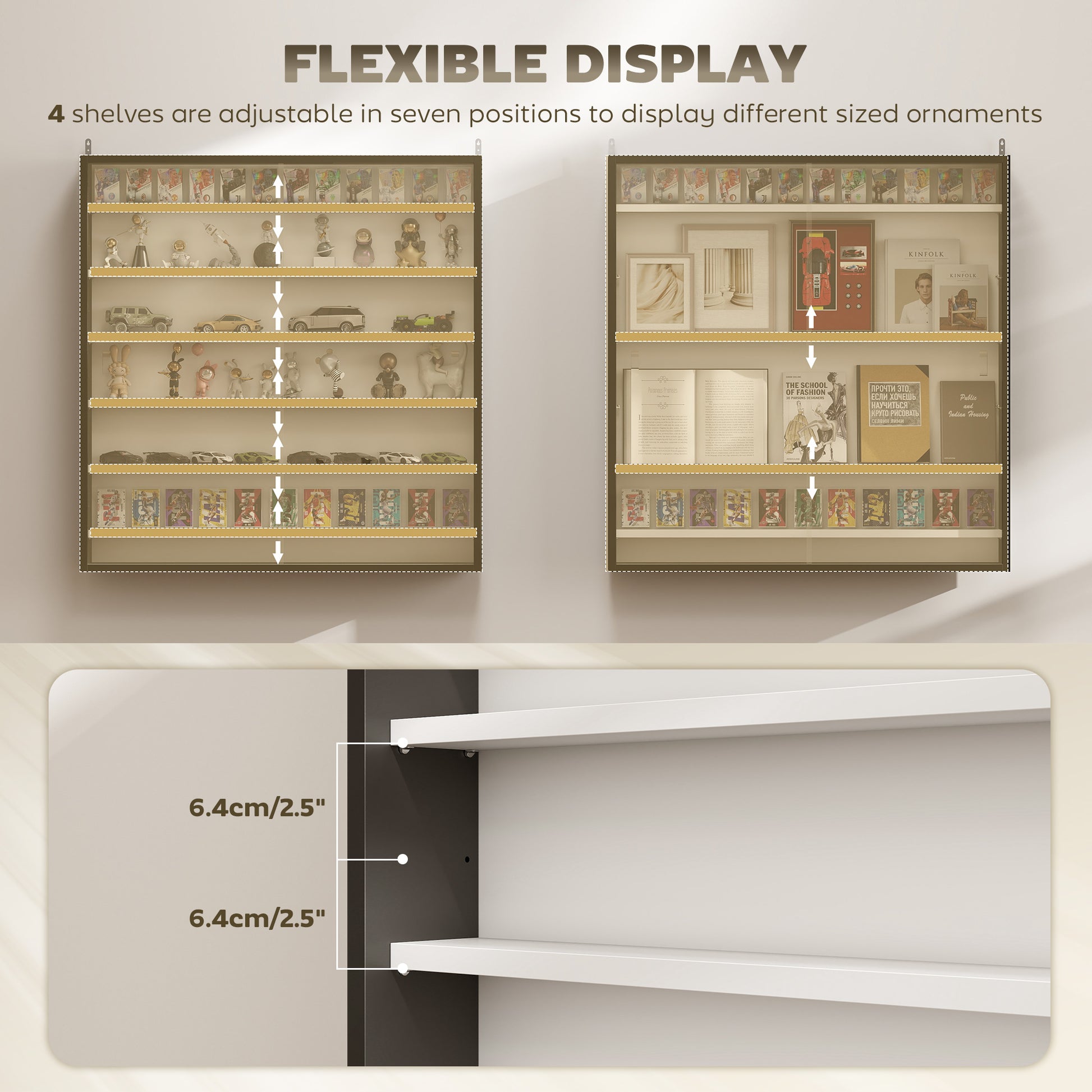 7-Tier Display Cabinet, Shot Glass Display Case, Glass Curio Cabinet with Glass Doors, Black and White