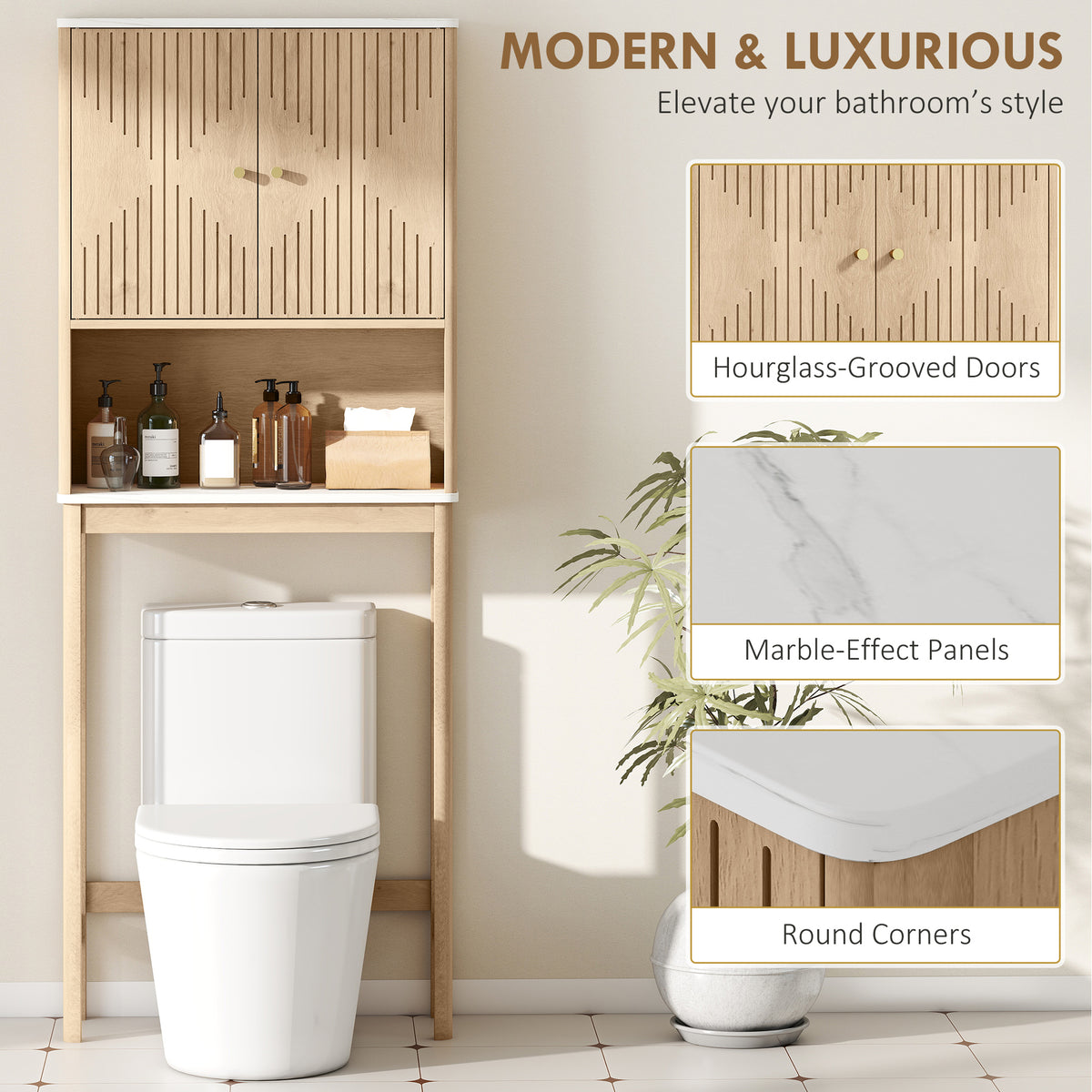 Over The Toilet Storage Cabinet with Adjustable Shelf, Open Shelf and Adjustable Bottom Bar, Oak