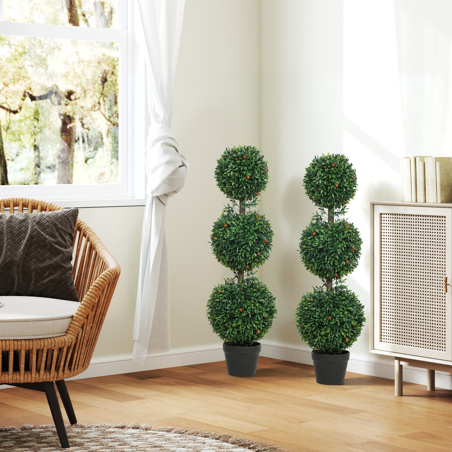 3.3FT Artificial Boxwood Topiary Tree Set of 2, Faux Three Ball Topiary Tree in Pot for Indoor Outdoor Decor, Green