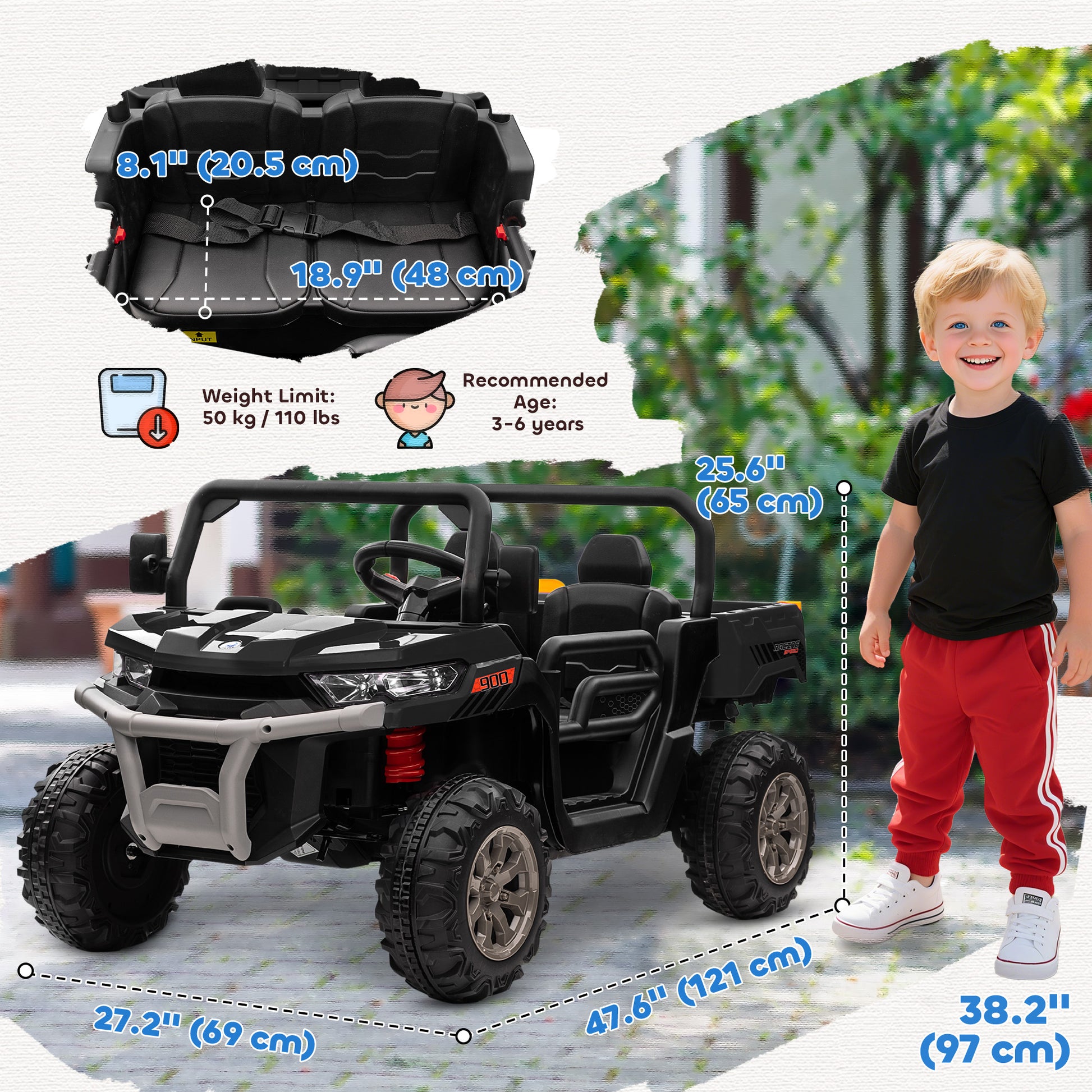 VarietyKart 12V Ride on Car with Electric Bucket, Two-Seater, Shovel, Remote Control, Spring Suspension, Horn, Music, Bl