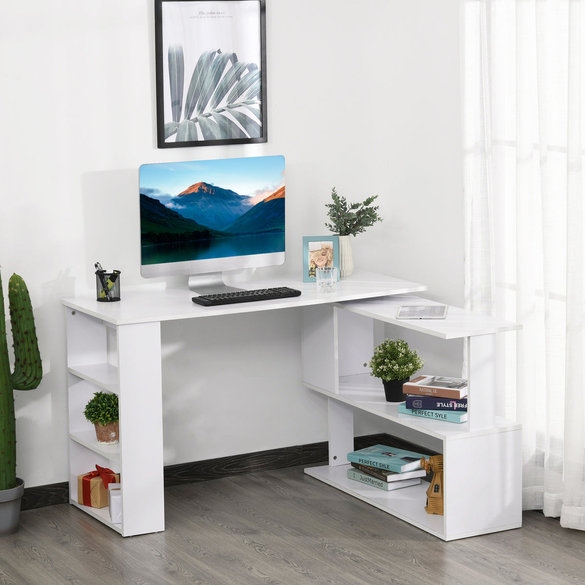 47" L Shaped Desk, 360° Rotating Corner Desk, Reversible Computer Writing Table Workstation with Storage Shelf for Home 