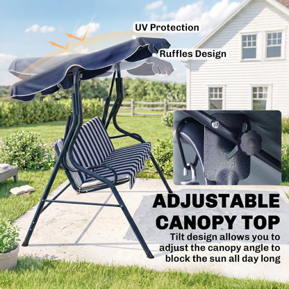 Outdoor Porch Swing with Adjustable Canopy, 3-Seater Patio Swing Chair with Cushion, Blue