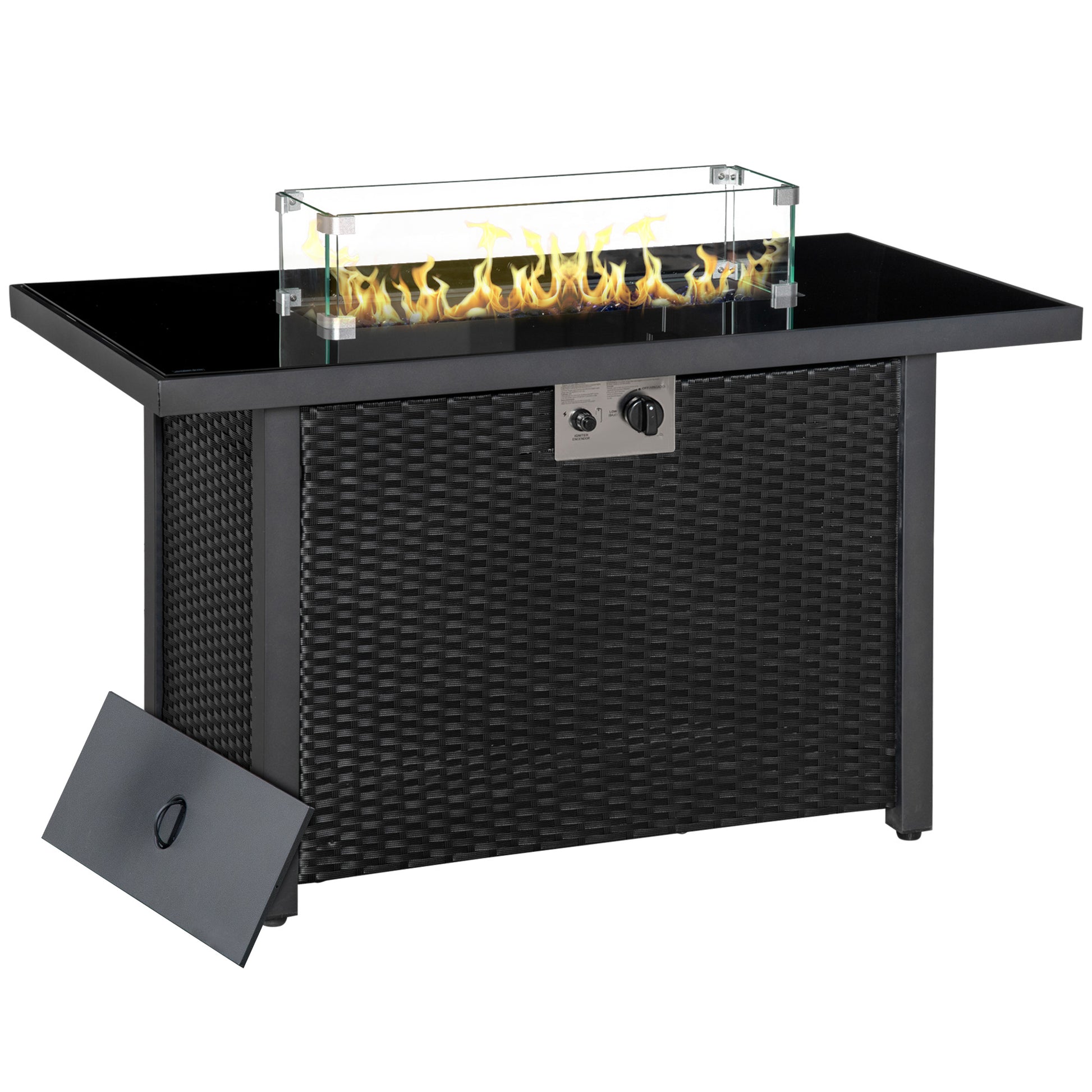 Propane Fire Pit Table 43in Outdoor Fire Table, 50,000 BTU Pulse-Ignition Wicker Firepit Furniture with Glass Wind Guard