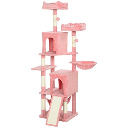 Cat Tree, 70" Multi-Level Cat Tower with 2 Condos, 2 Perches, Hammock, Toy Balls, Scratching Posts and Board, Pink